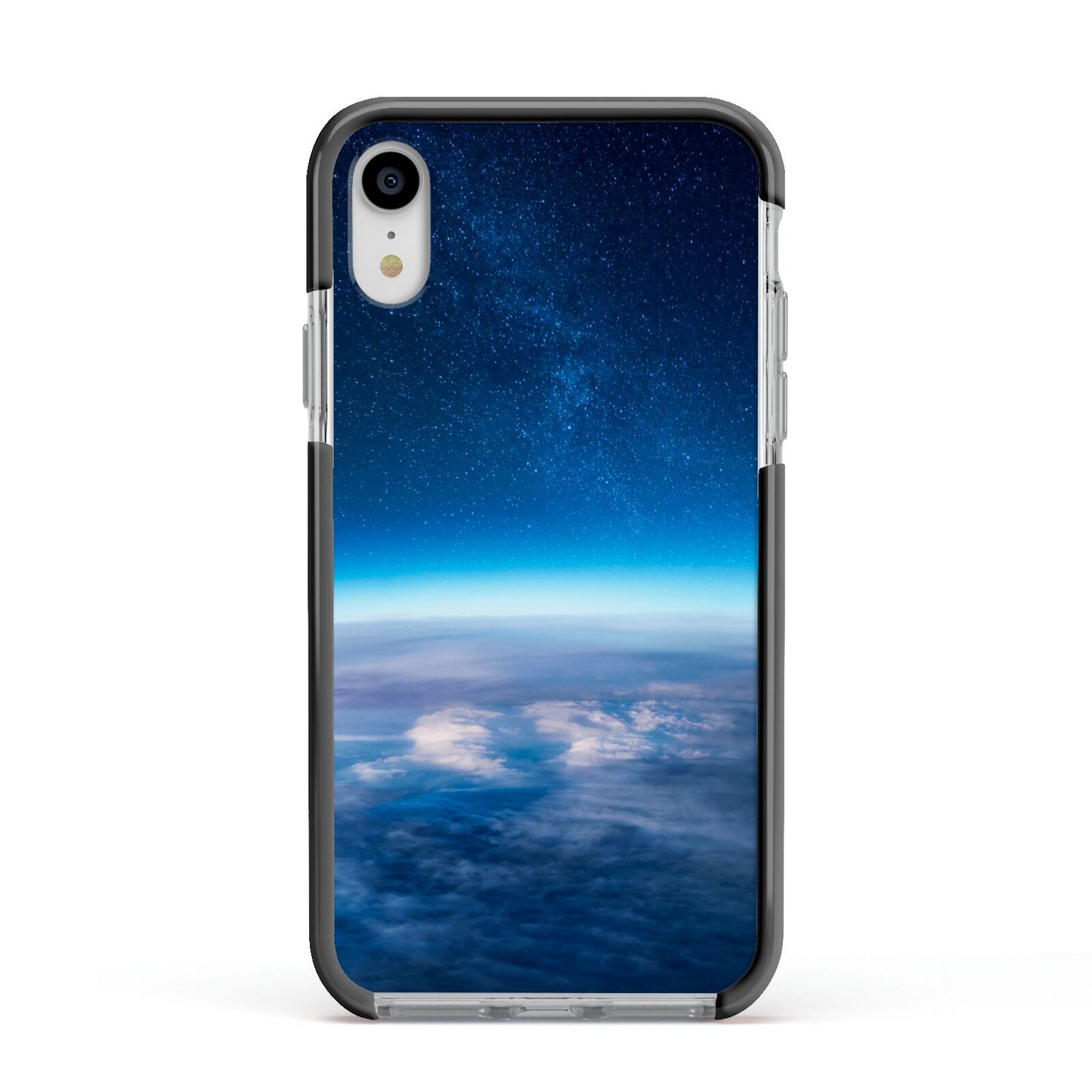 Earth In Space Apple iPhone XR Impact Case Black Edge on Silver Phone