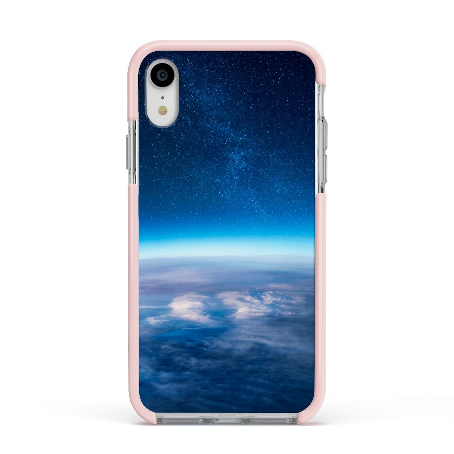 Earth In Space Apple iPhone XR Impact Case Pink Edge on Silver Phone