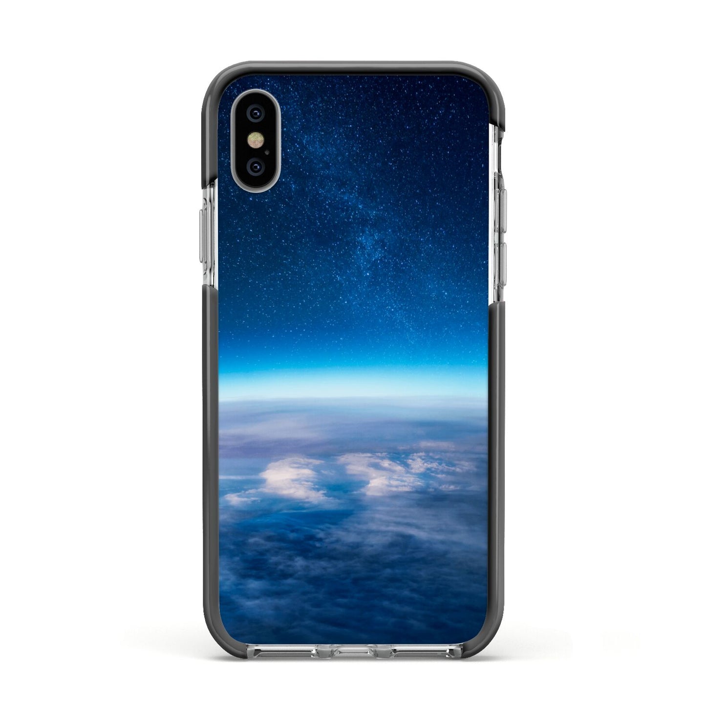 Earth In Space Apple iPhone Xs Impact Case Black Edge on Silver Phone