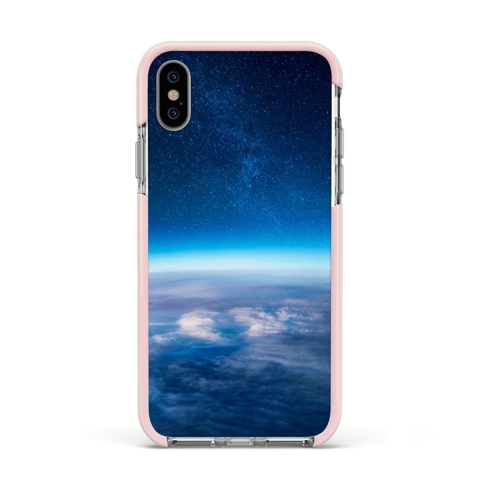 Earth In Space Apple iPhone Xs Impact Case Pink Edge on Silver Phone