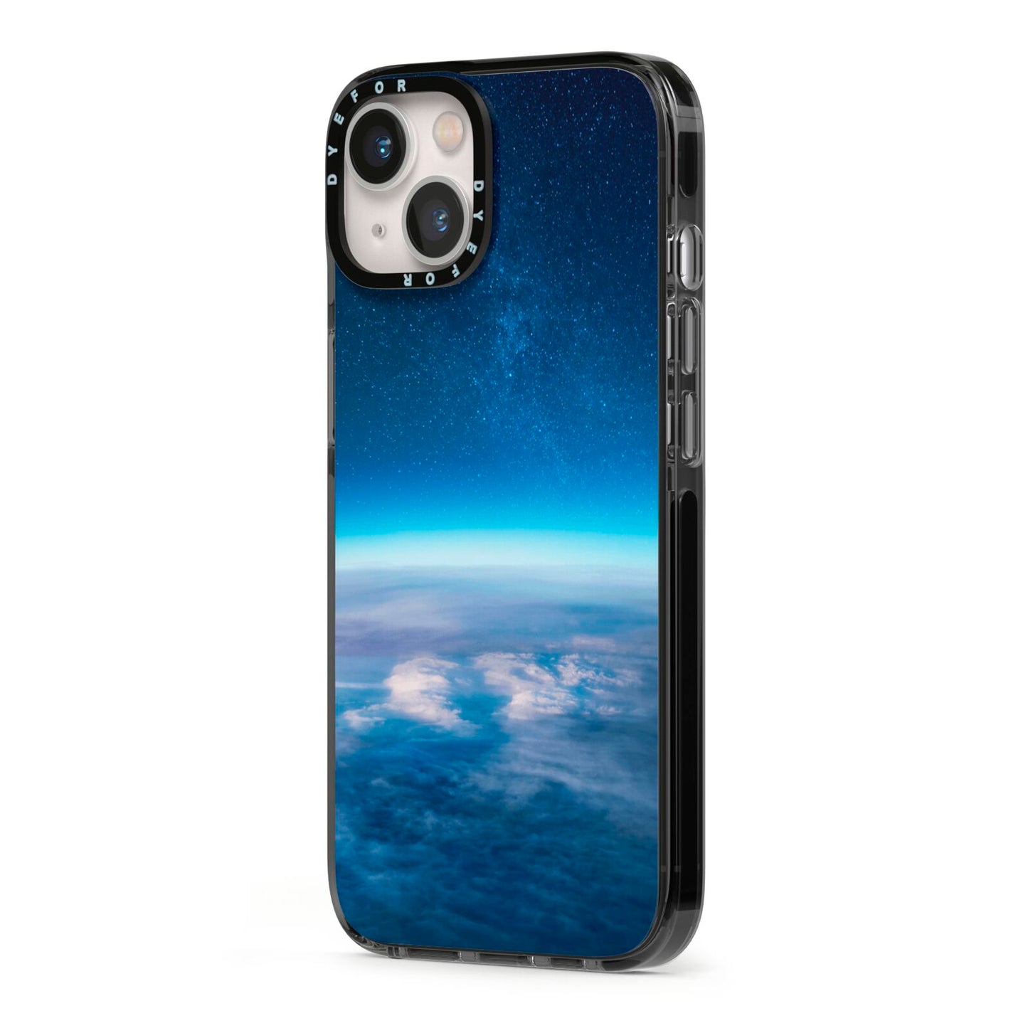 Earth In Space iPhone 13 Black Impact Case Side Angle on Silver phone