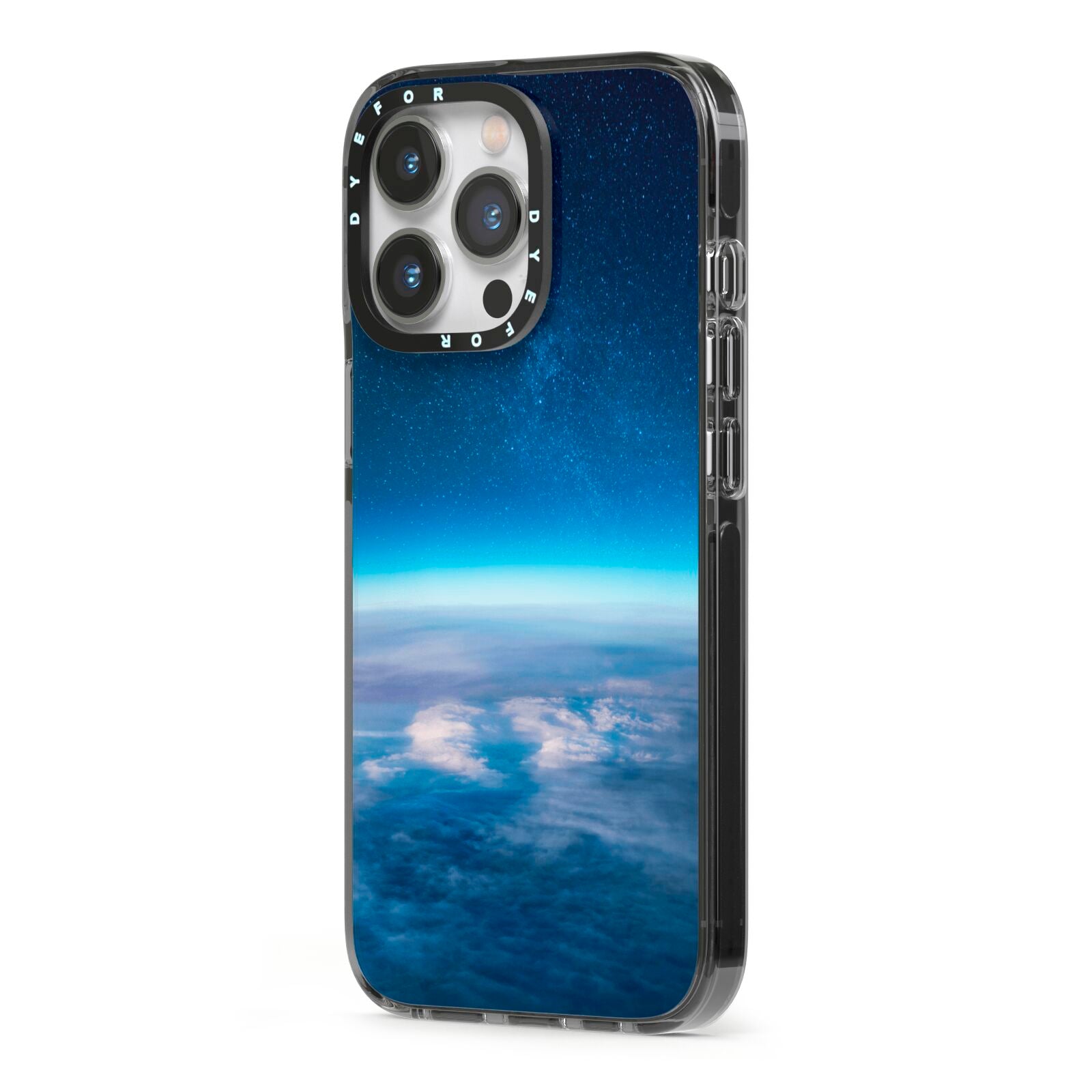 Earth In Space iPhone 13 Pro Black Impact Case Side Angle on Silver phone