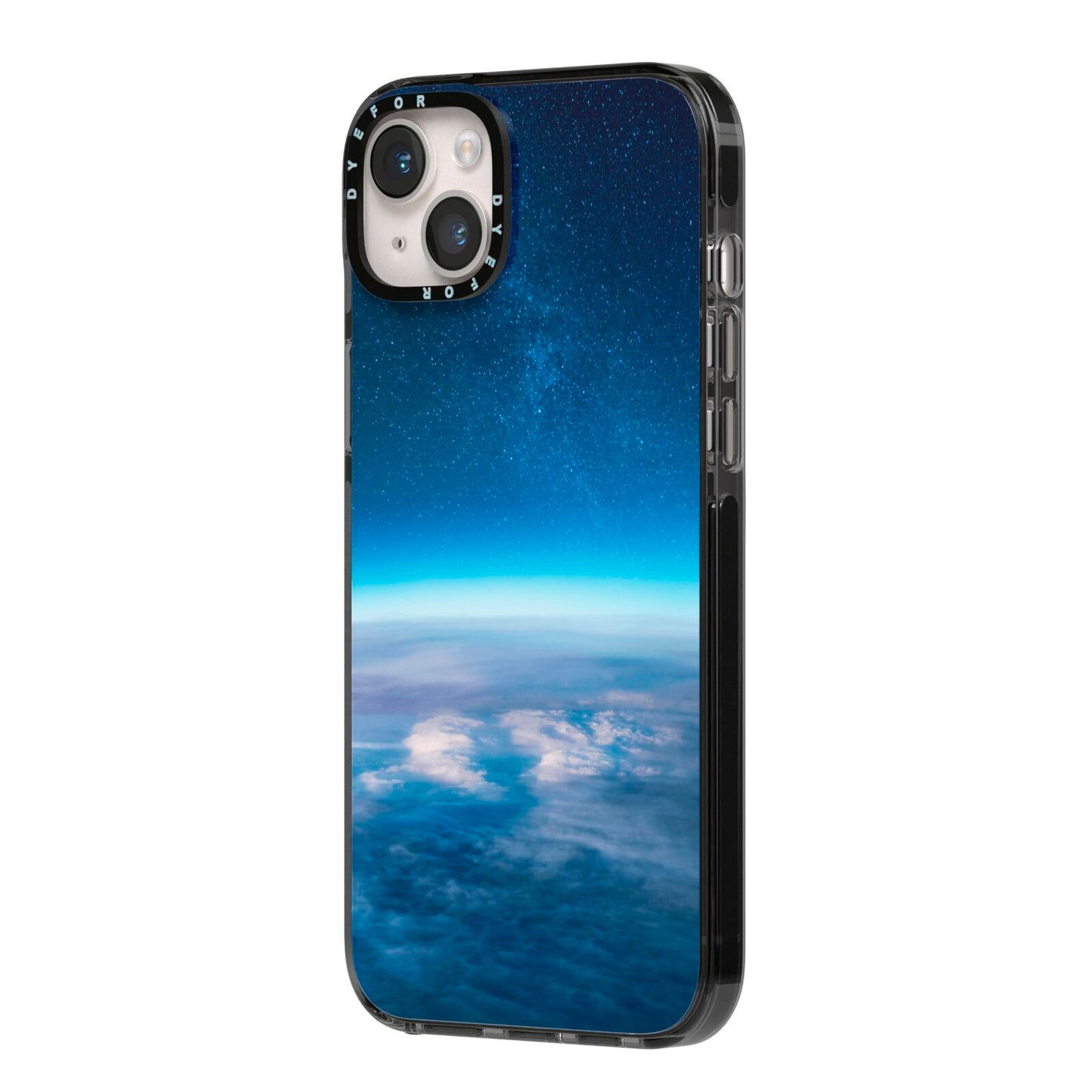 Earth In Space iPhone 14 Plus Black Impact Case Side Angle on Silver phone