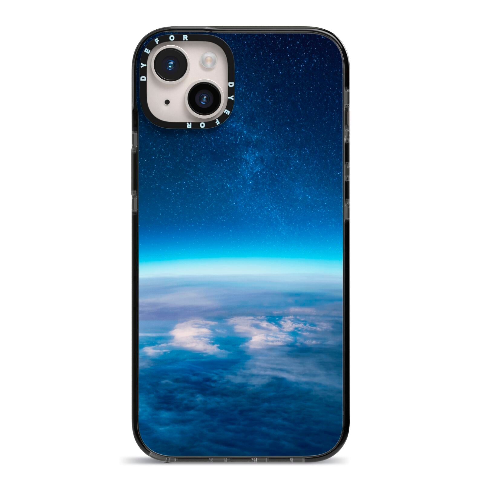 Earth In Space iPhone 14 Plus Black Impact Case on Silver phone