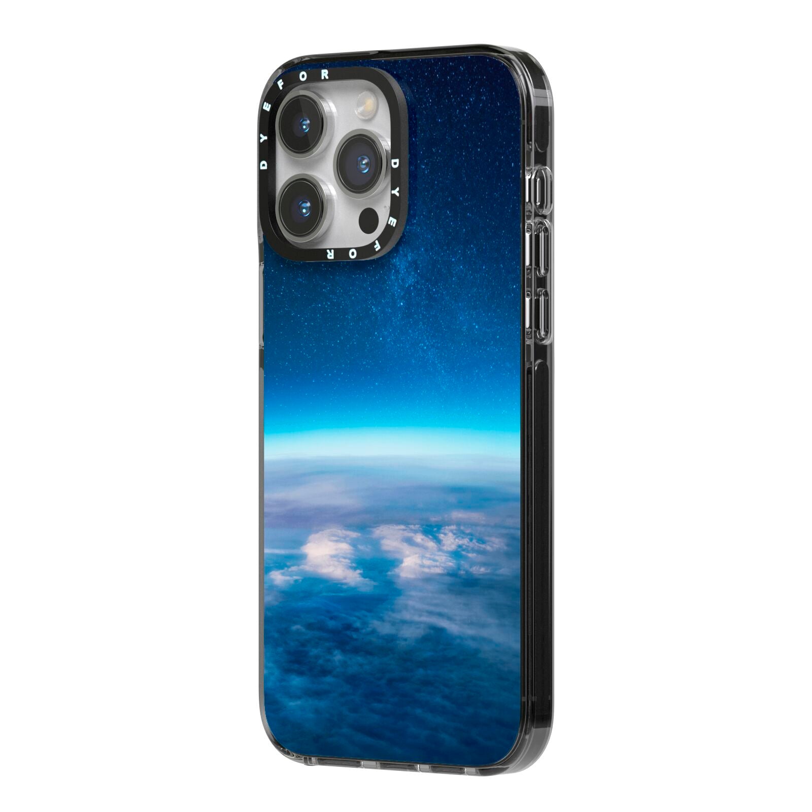 Earth In Space iPhone 14 Pro Max Black Impact Case Side Angle on Silver phone