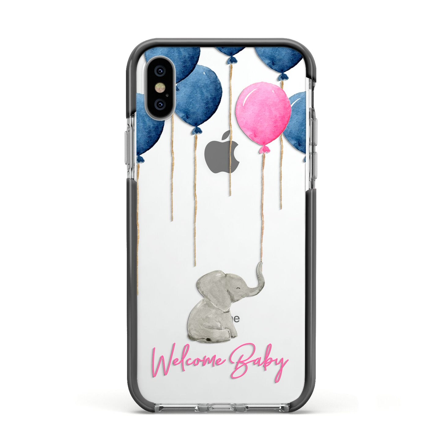 Elephant with Balloons Baby Girl Reveal Apple iPhone Xs Impact Case Black Edge on Silver Phone