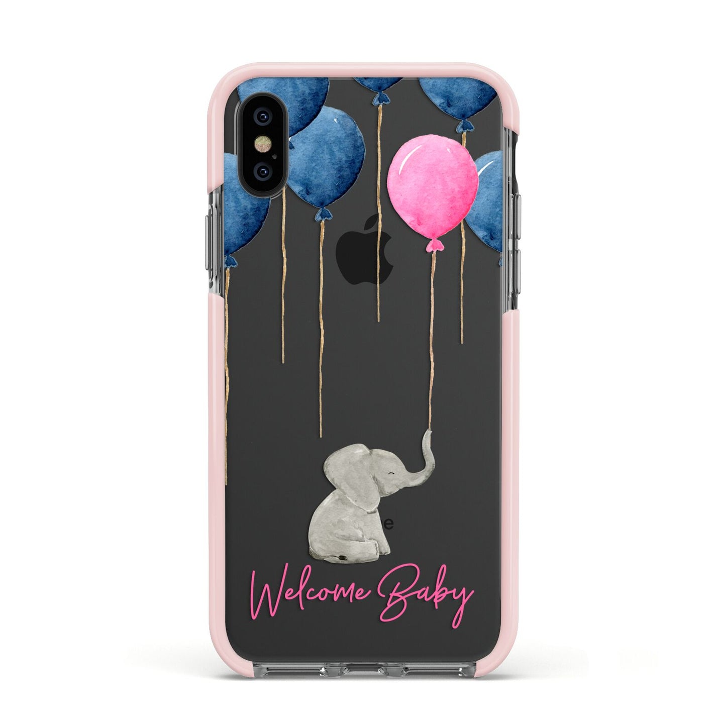 Elephant with Balloons Baby Girl Reveal Apple iPhone Xs Impact Case Pink Edge on Black Phone