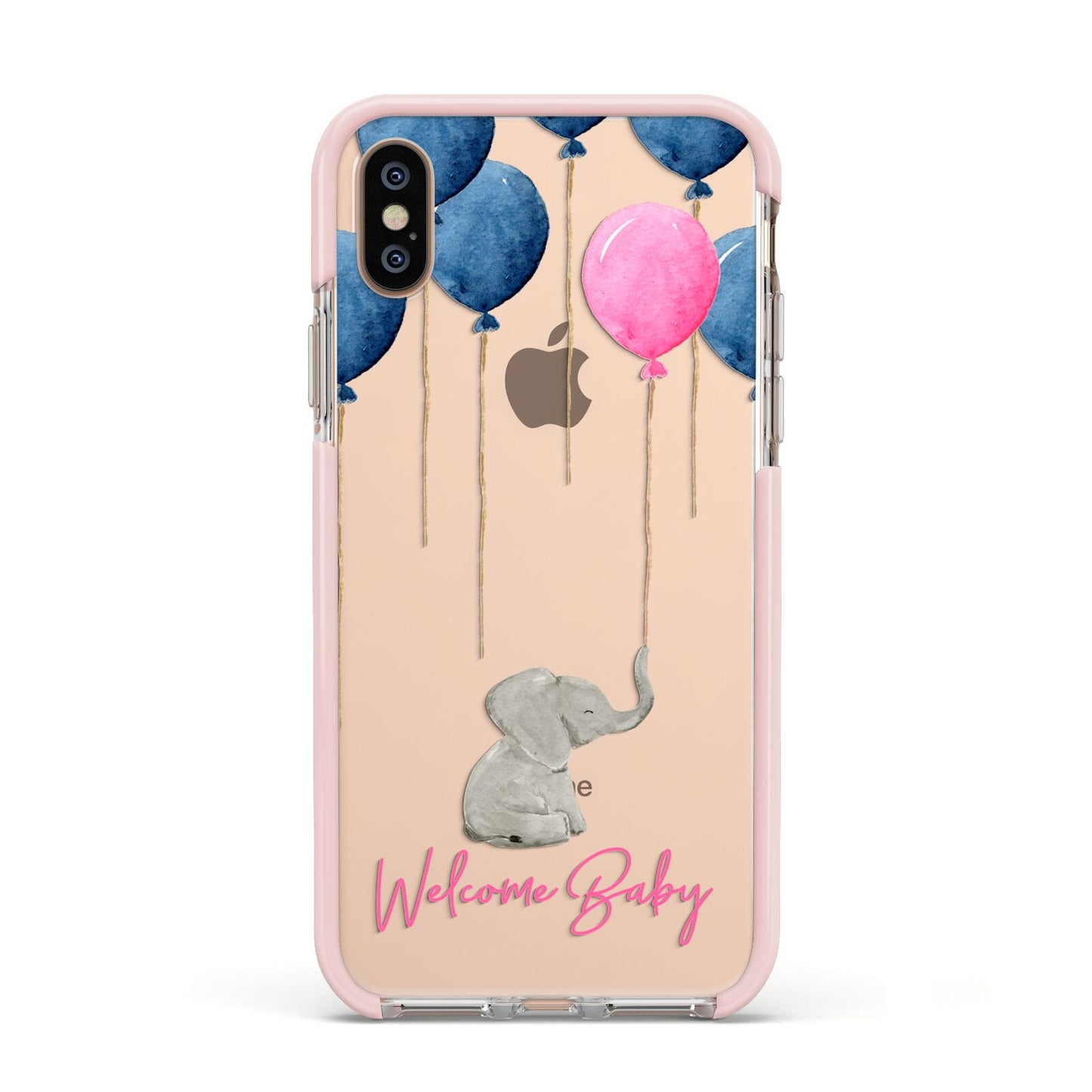 Elephant with Balloons Baby Girl Reveal Apple iPhone Xs Impact Case Pink Edge on Gold Phone