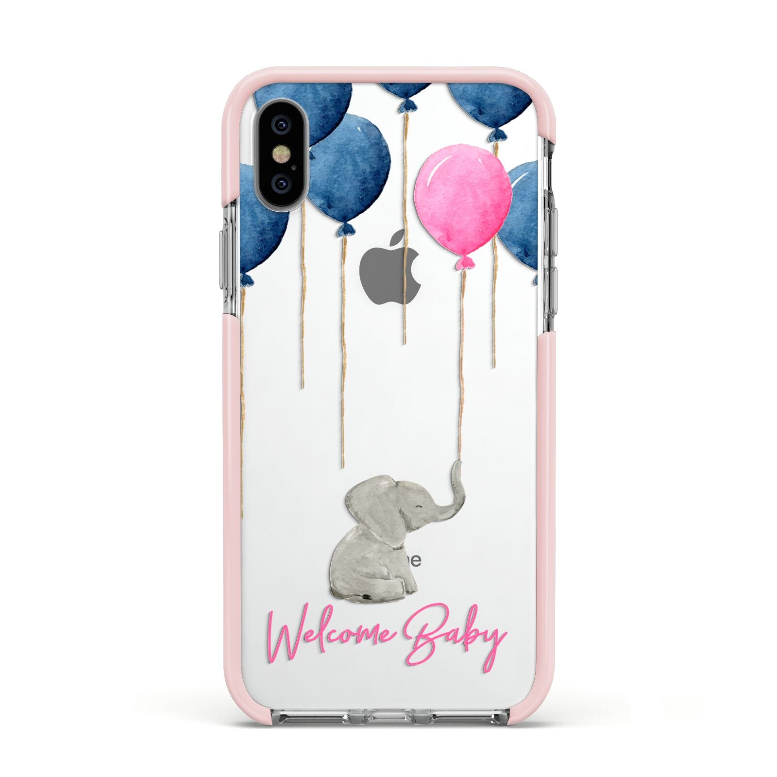 Elephant with Balloons Baby Girl Reveal Apple iPhone Xs Impact Case Pink Edge on Silver Phone