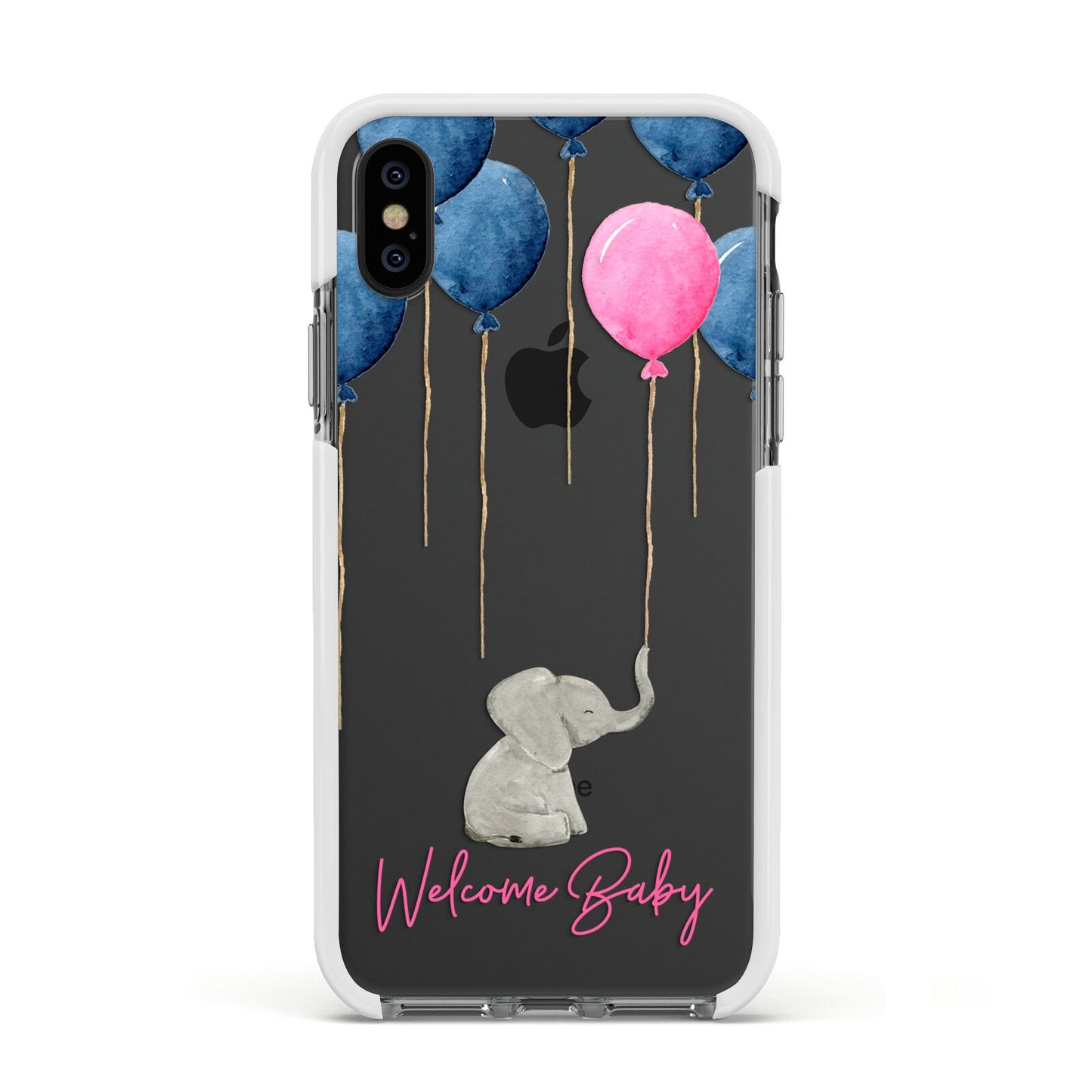 Elephant with Balloons Baby Girl Reveal Apple iPhone Xs Impact Case White Edge on Black Phone