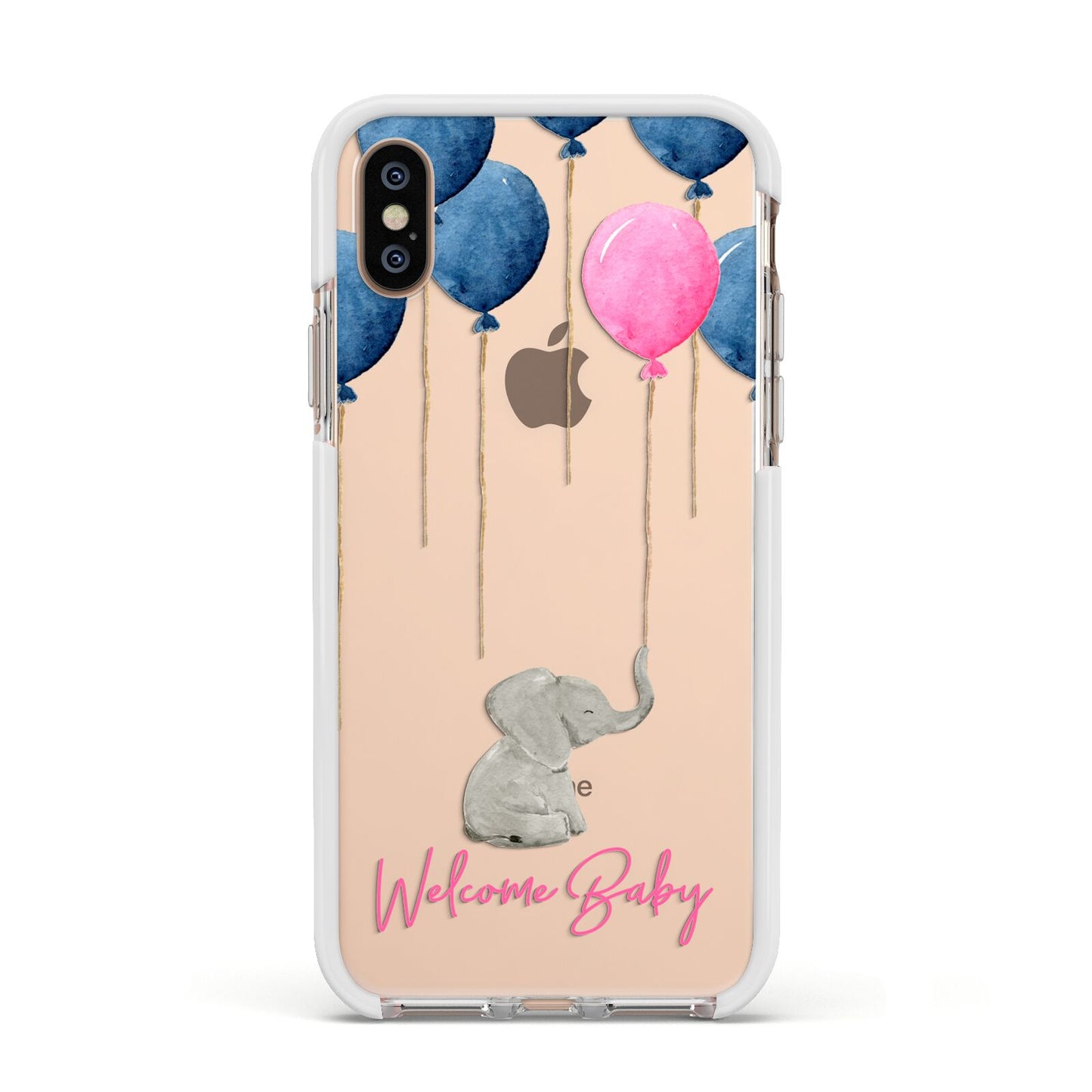 Elephant with Balloons Baby Girl Reveal Apple iPhone Xs Impact Case White Edge on Gold Phone