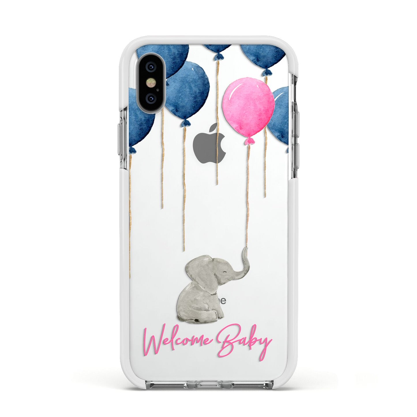 Elephant with Balloons Baby Girl Reveal Apple iPhone Xs Impact Case White Edge on Silver Phone