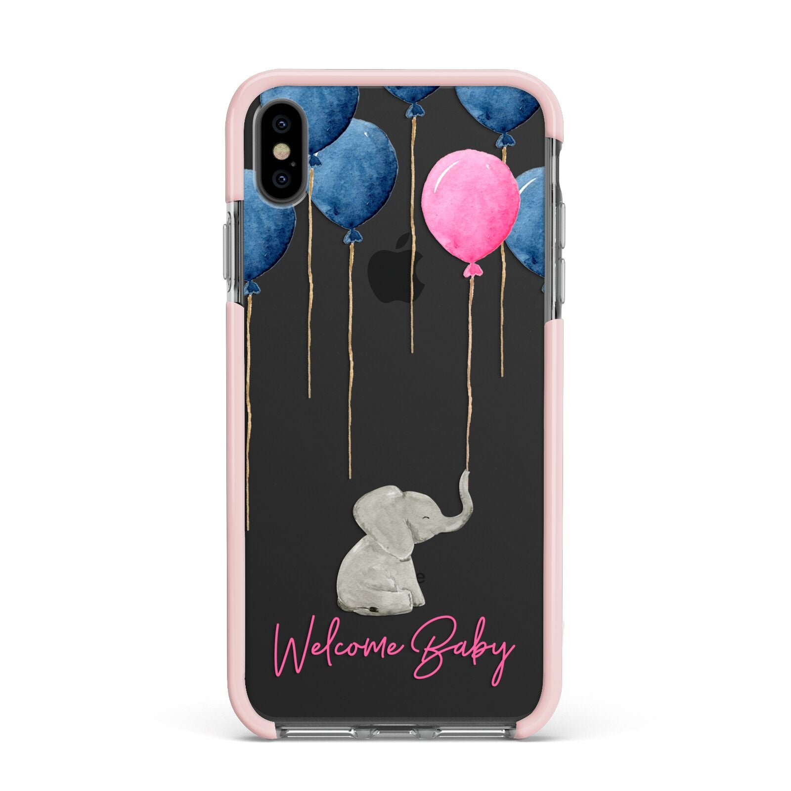 Elephant with Balloons Baby Girl Reveal Apple iPhone Xs Max Impact Case Pink Edge on Black Phone