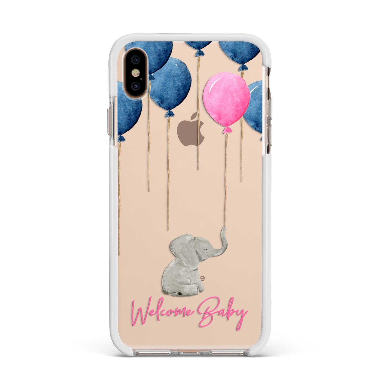 Elephant with Balloons Baby Girl Reveal Apple iPhone Xs Max Impact Case White Edge on Gold Phone