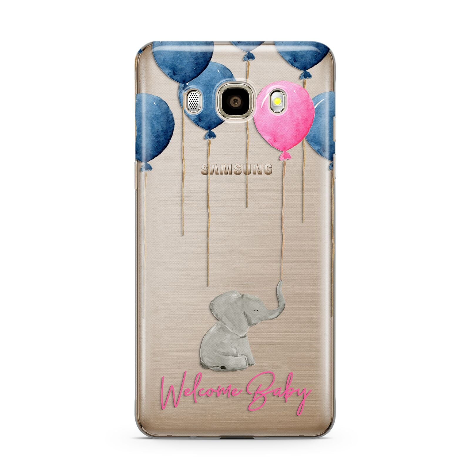 Elephant with Balloons Baby Girl Reveal Samsung Galaxy J7 2016 Case on gold phone