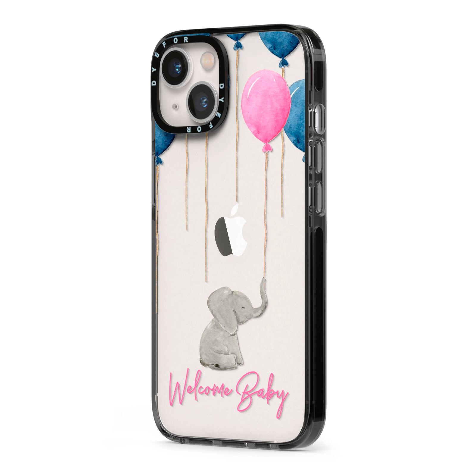 Elephant with Balloons Baby Girl Reveal iPhone 13 Black Impact Case Side Angle on Silver phone