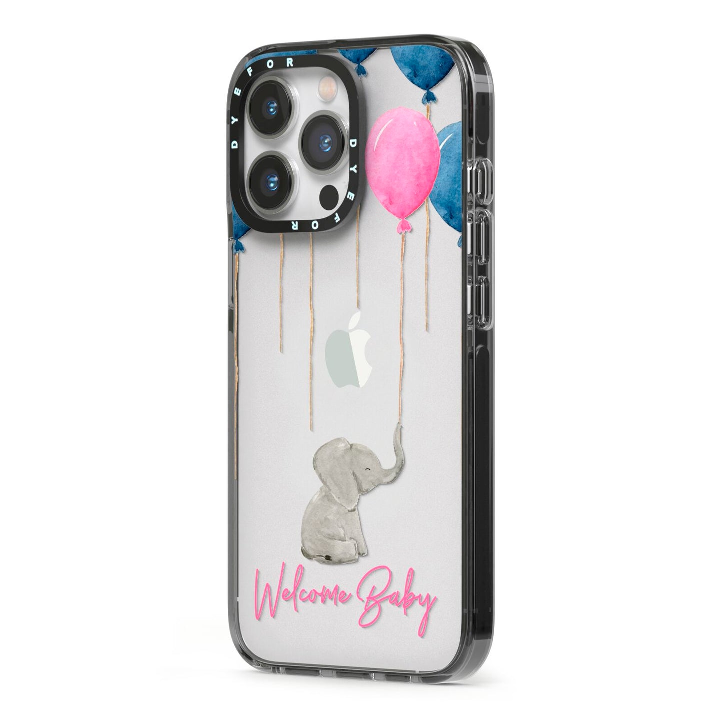 Elephant with Balloons Baby Girl Reveal iPhone 13 Pro Black Impact Case Side Angle on Silver phone