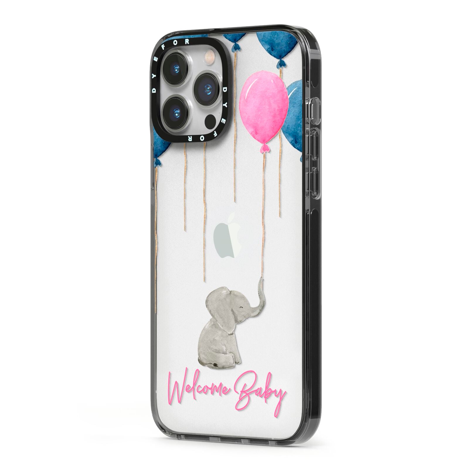 Elephant with Balloons Baby Girl Reveal iPhone 13 Pro Max Black Impact Case Side Angle on Silver phone