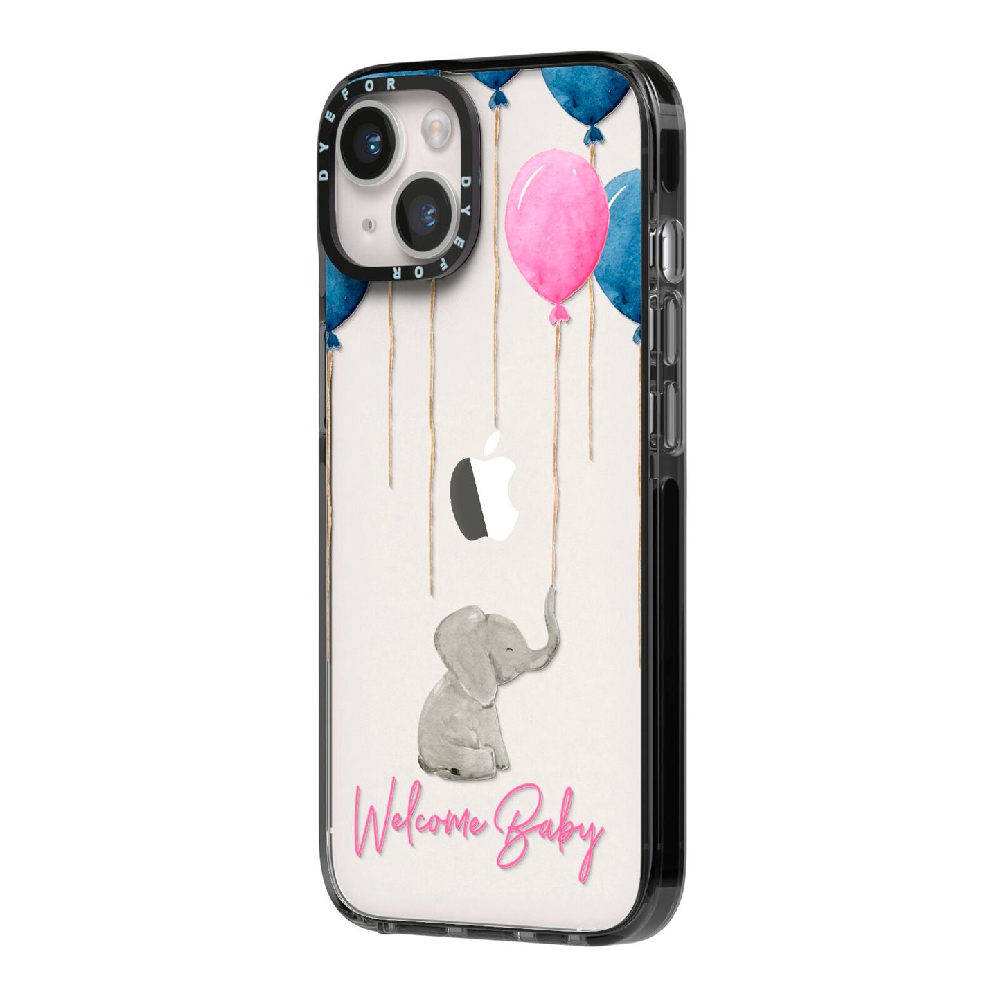 Elephant with Balloons Baby Girl Reveal iPhone 14 Black Impact Case Side Angle on Silver phone