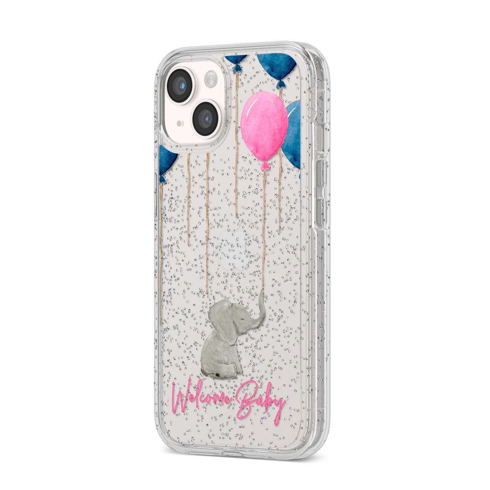 Elephant with Balloons Baby Girl Reveal iPhone 14 Glitter Tough Case Starlight Angled Image