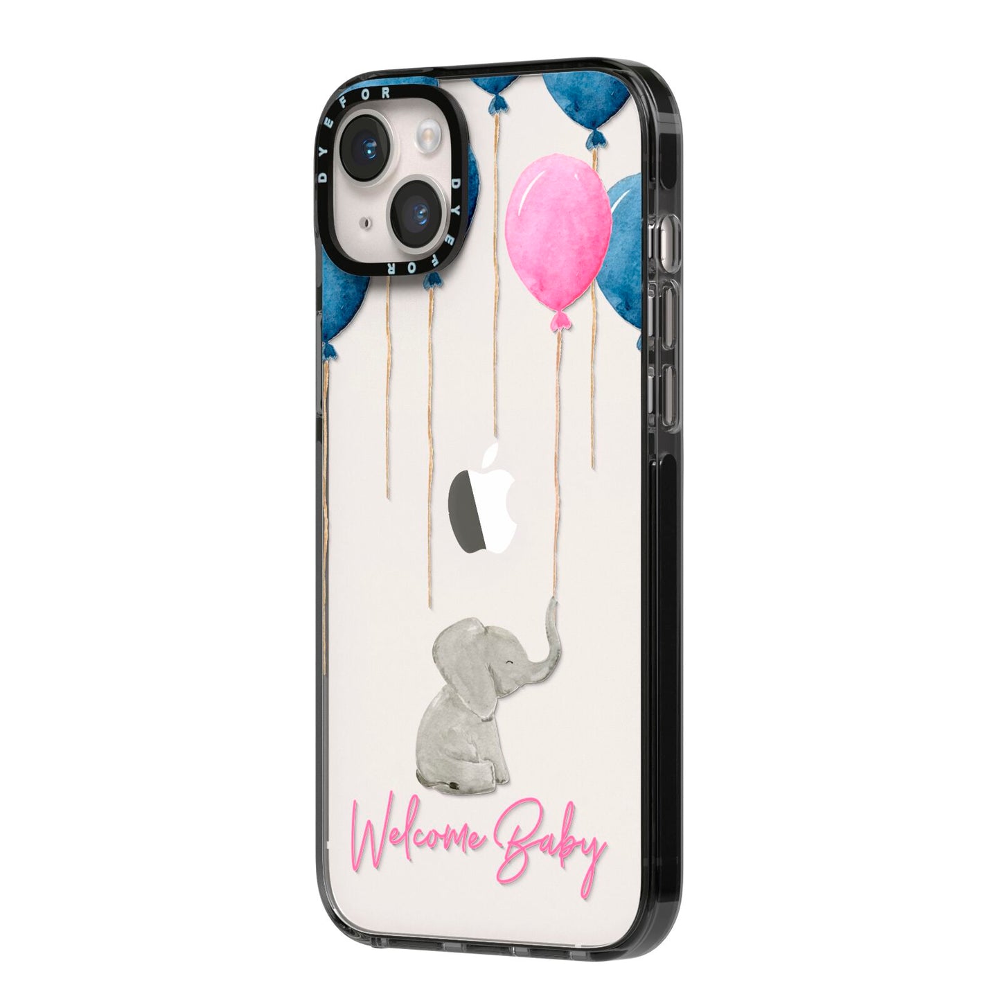 Elephant with Balloons Baby Girl Reveal iPhone 14 Plus Black Impact Case Side Angle on Silver phone