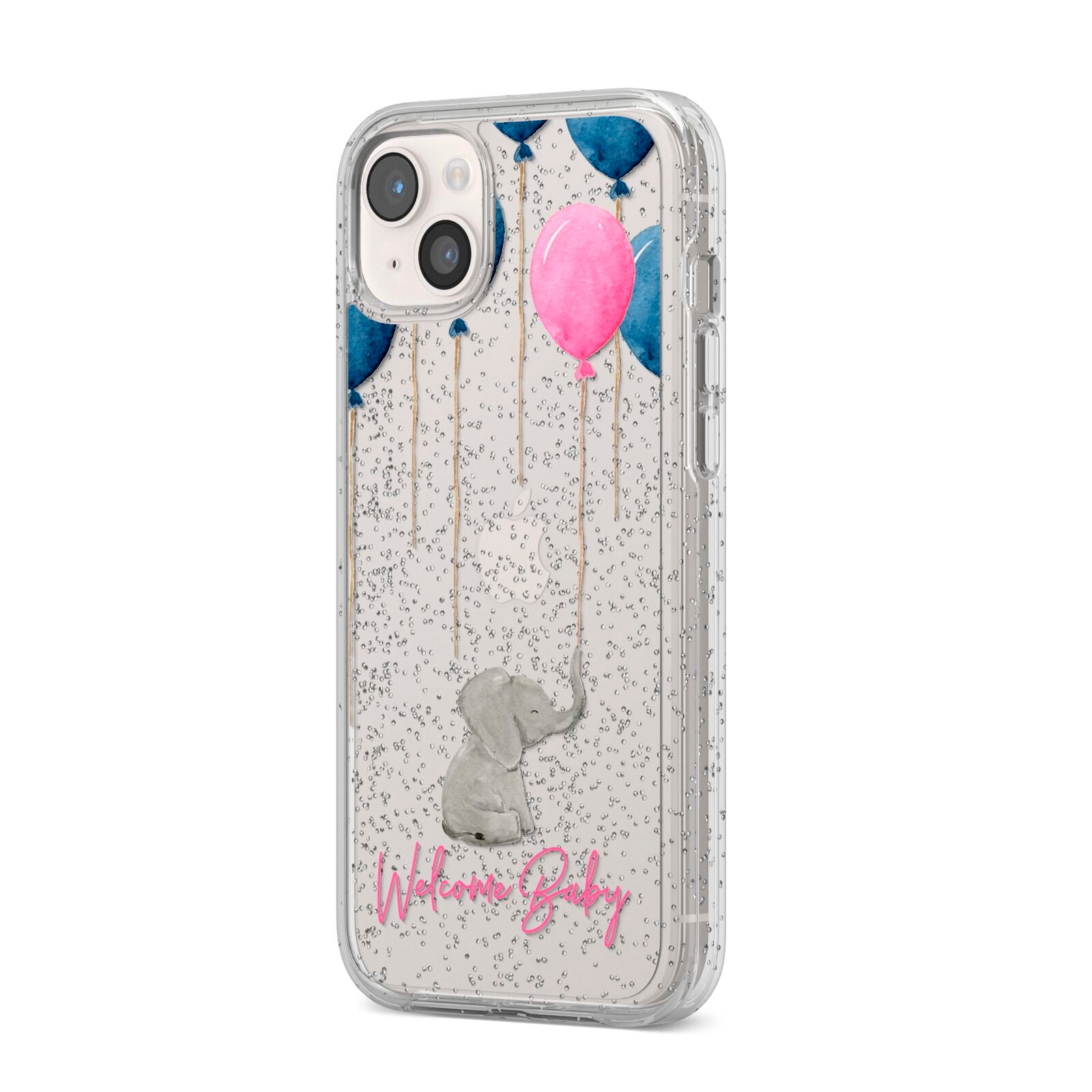 Elephant with Balloons Baby Girl Reveal iPhone 14 Plus Glitter Tough Case Starlight Angled Image