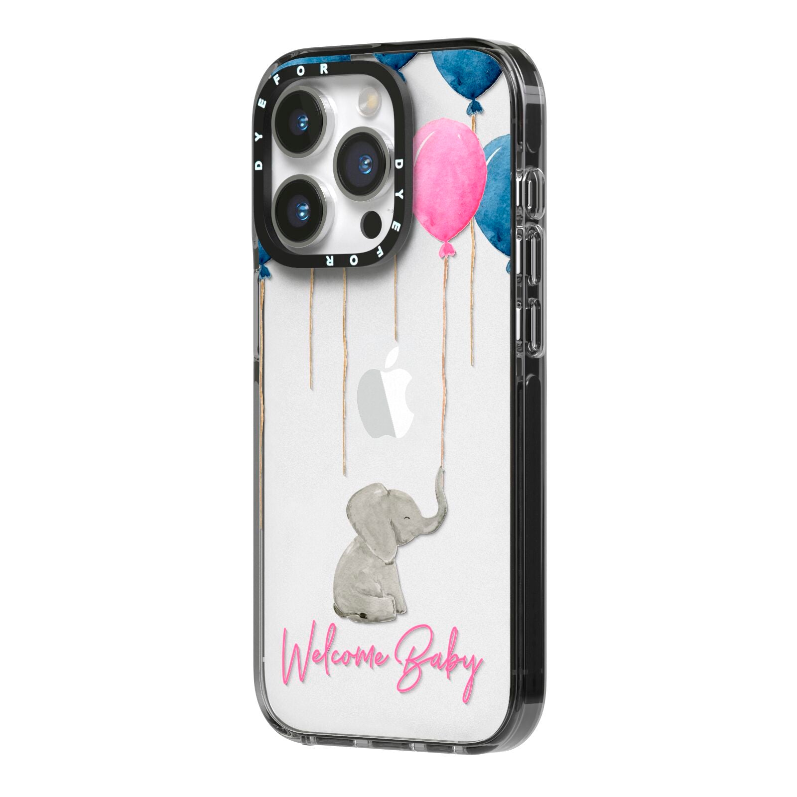 Elephant with Balloons Baby Girl Reveal iPhone 14 Pro Black Impact Case Side Angle on Silver phone