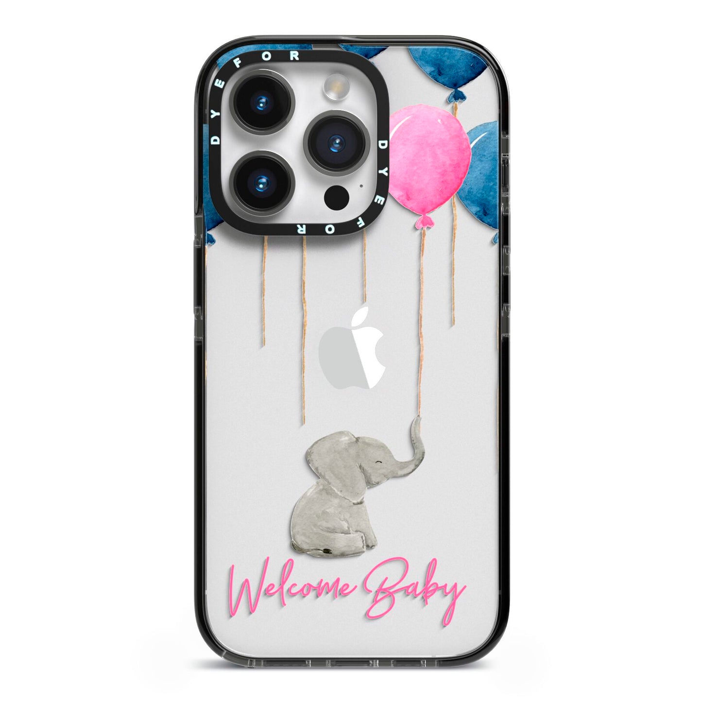 Elephant with Balloons Baby Girl Reveal iPhone 14 Pro Black Impact Case on Silver phone