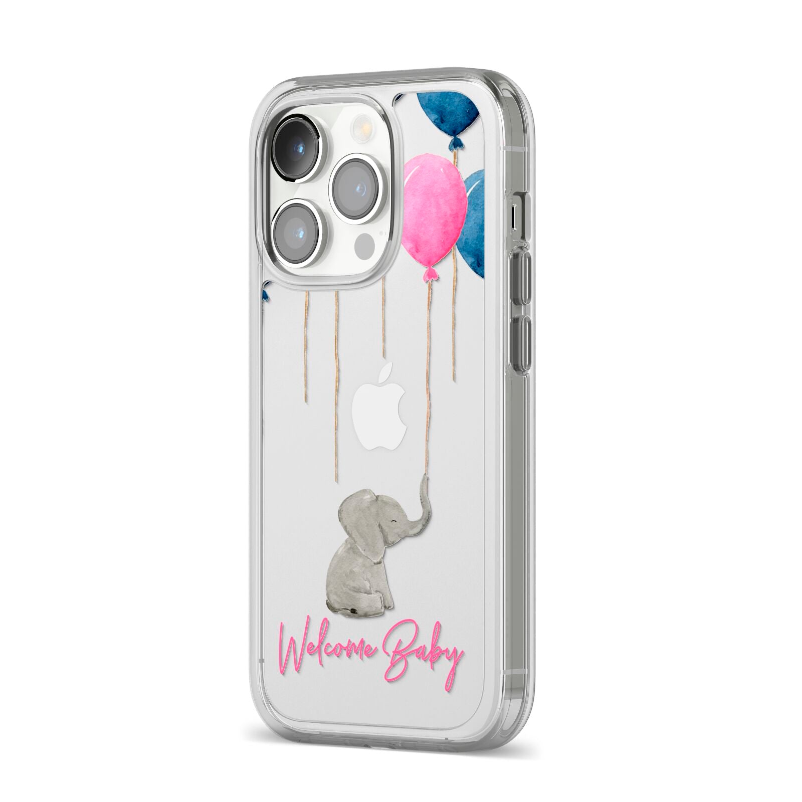 Elephant with Balloons Baby Girl Reveal iPhone 14 Pro Clear Tough Case Silver Angled Image