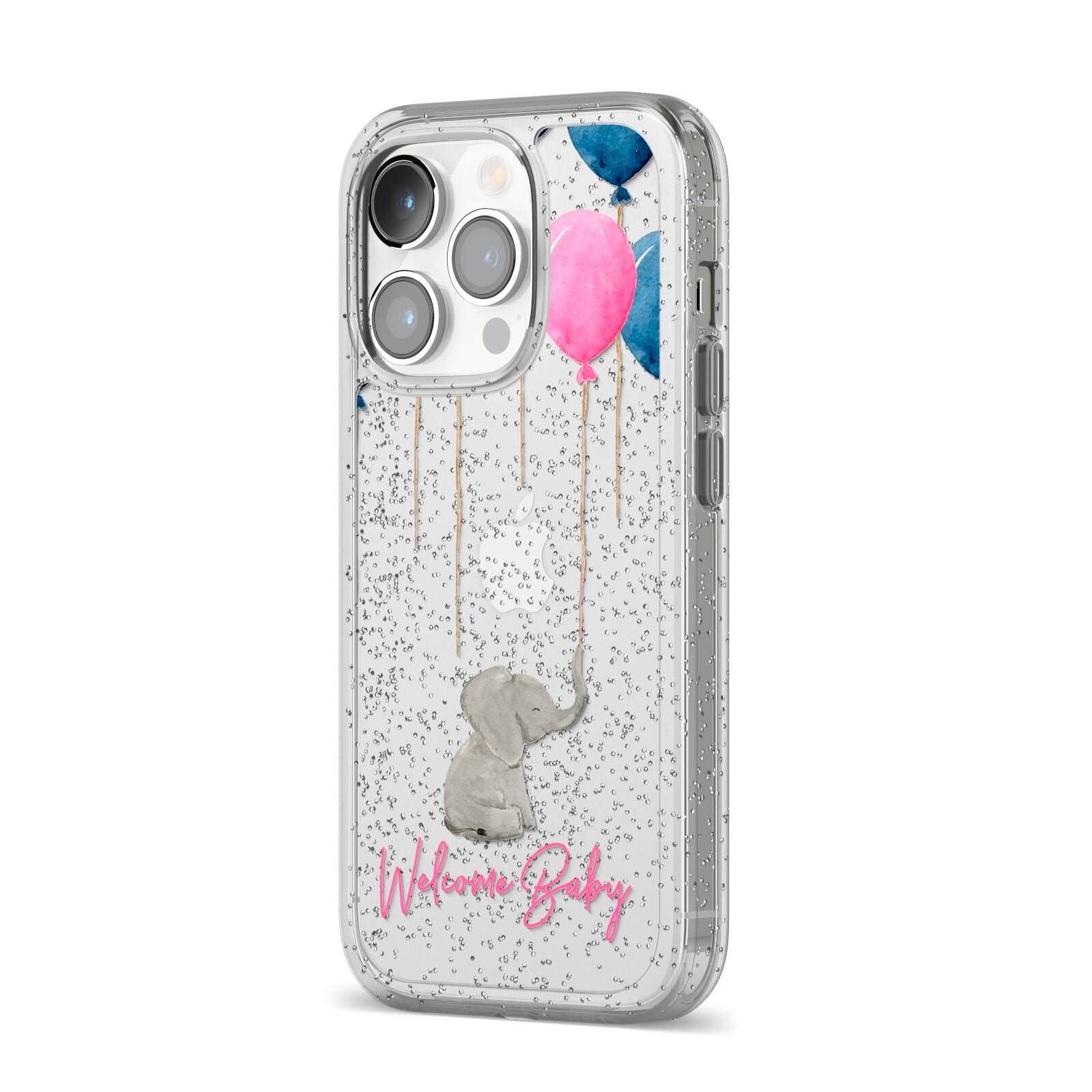 Elephant with Balloons Baby Girl Reveal iPhone 14 Pro Glitter Tough Case Silver Angled Image