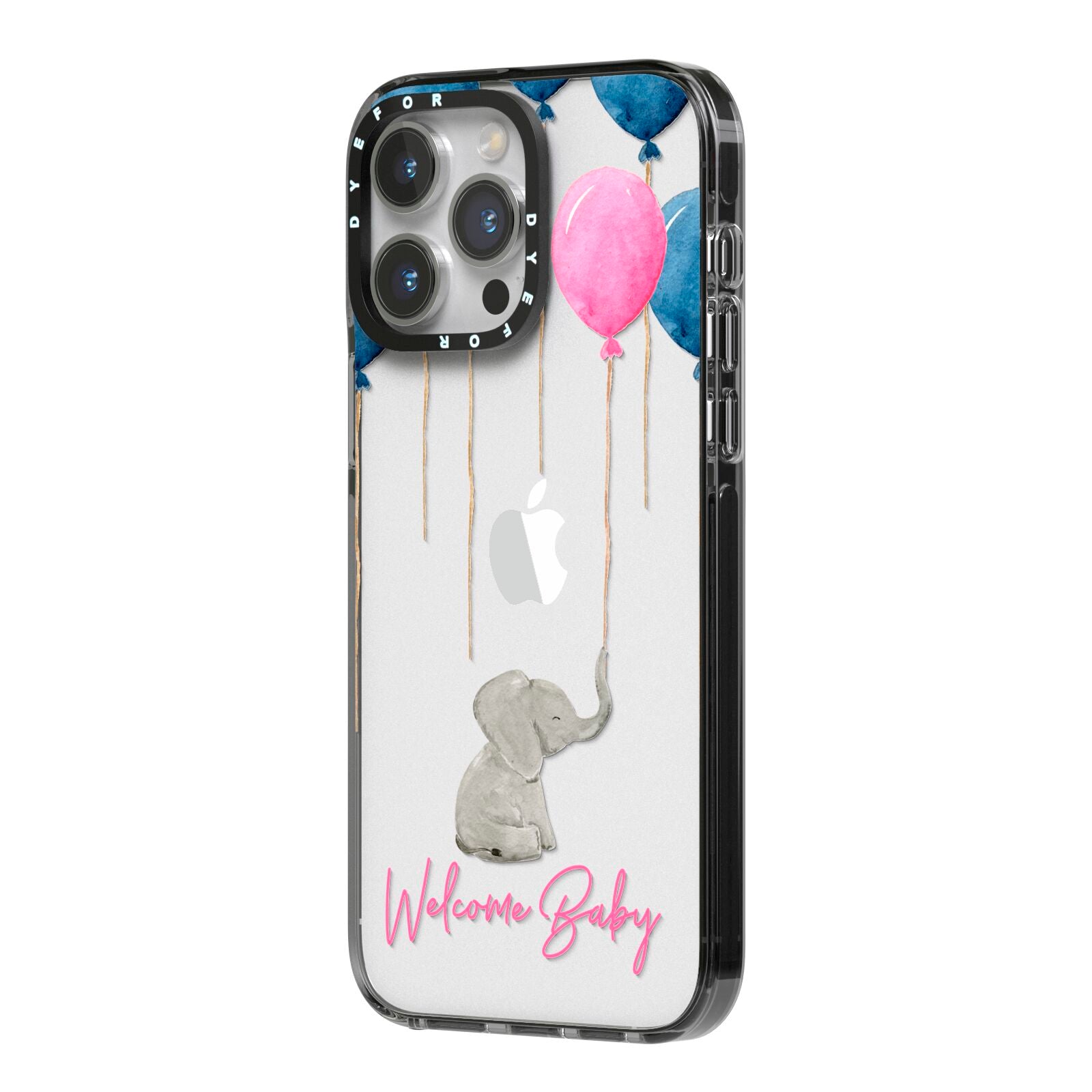 Elephant with Balloons Baby Girl Reveal iPhone 14 Pro Max Black Impact Case Side Angle on Silver phone