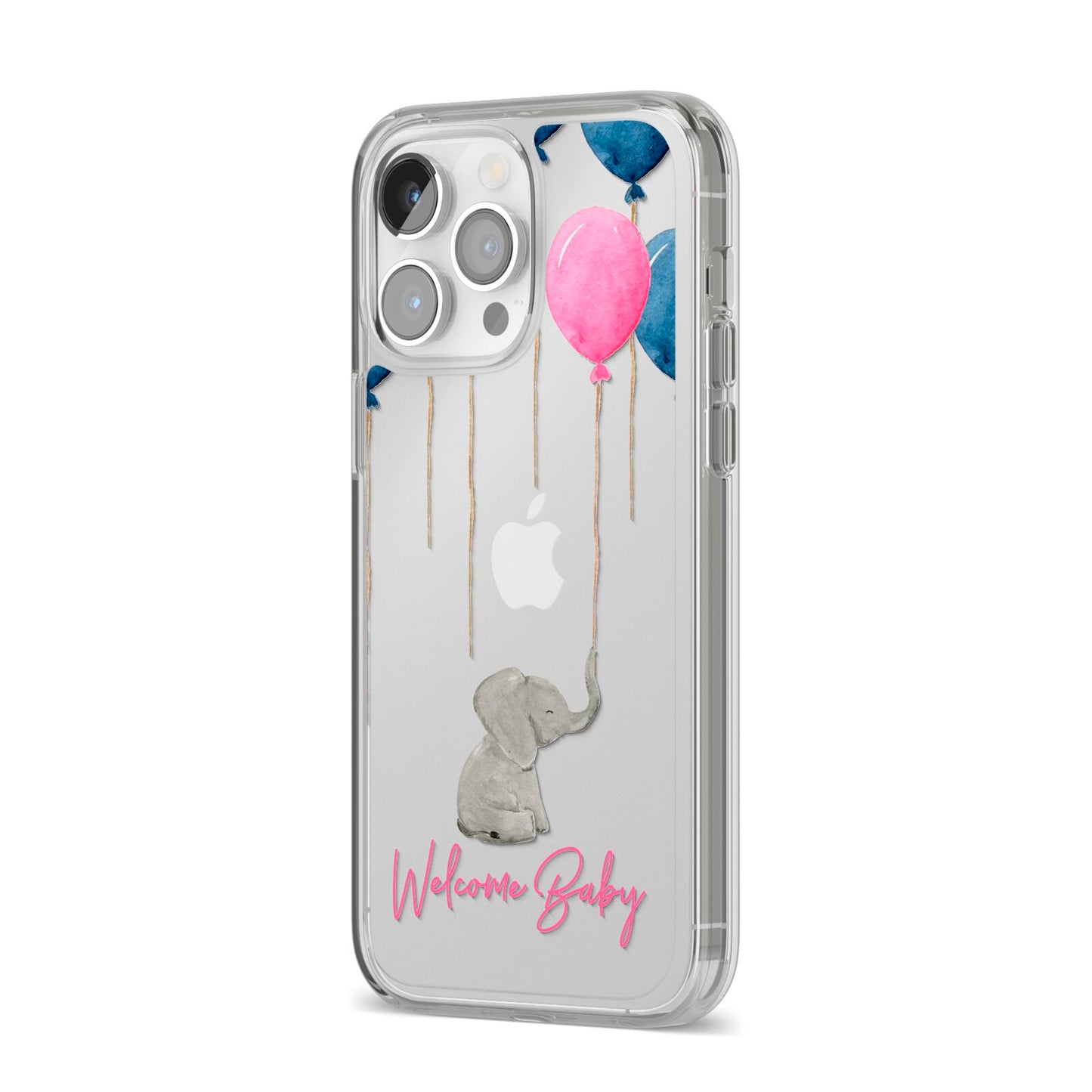 Elephant with Balloons Baby Girl Reveal iPhone 14 Pro Max Clear Tough Case Silver Angled Image