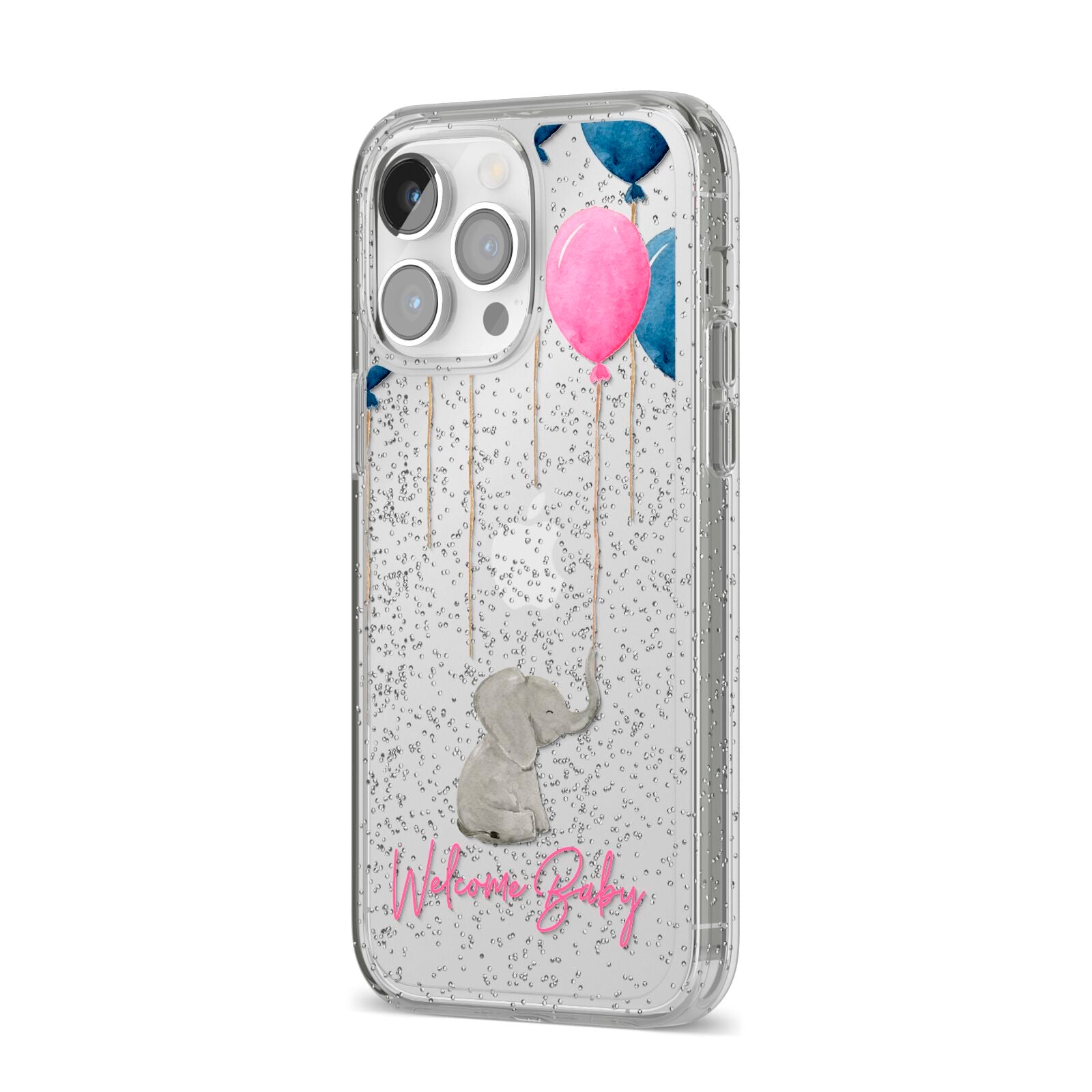 Elephant with Balloons Baby Girl Reveal iPhone 14 Pro Max Glitter Tough Case Silver Angled Image