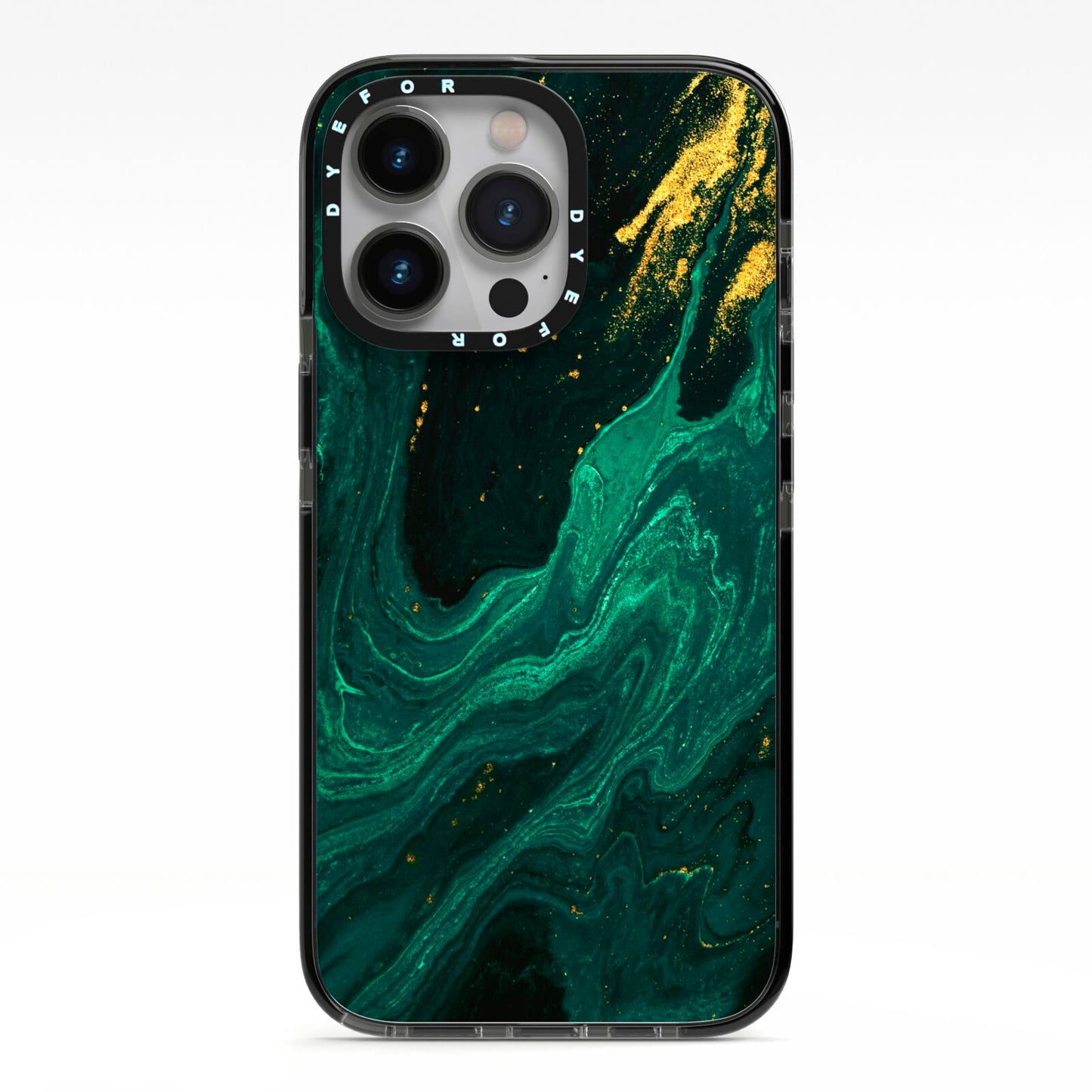 Emerald Green iPhone 13 Pro Black Impact Case on Silver phone