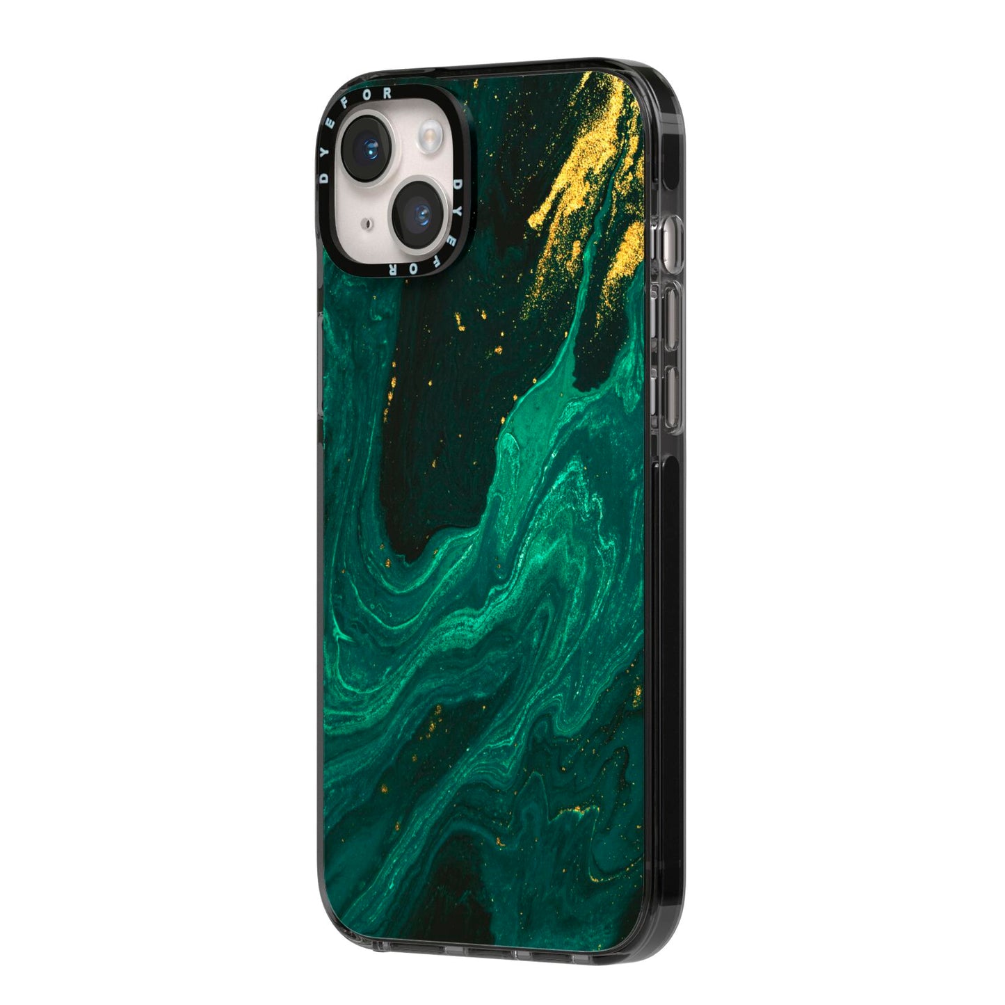 Emerald Green iPhone 14 Plus Black Impact Case Side Angle on Silver phone