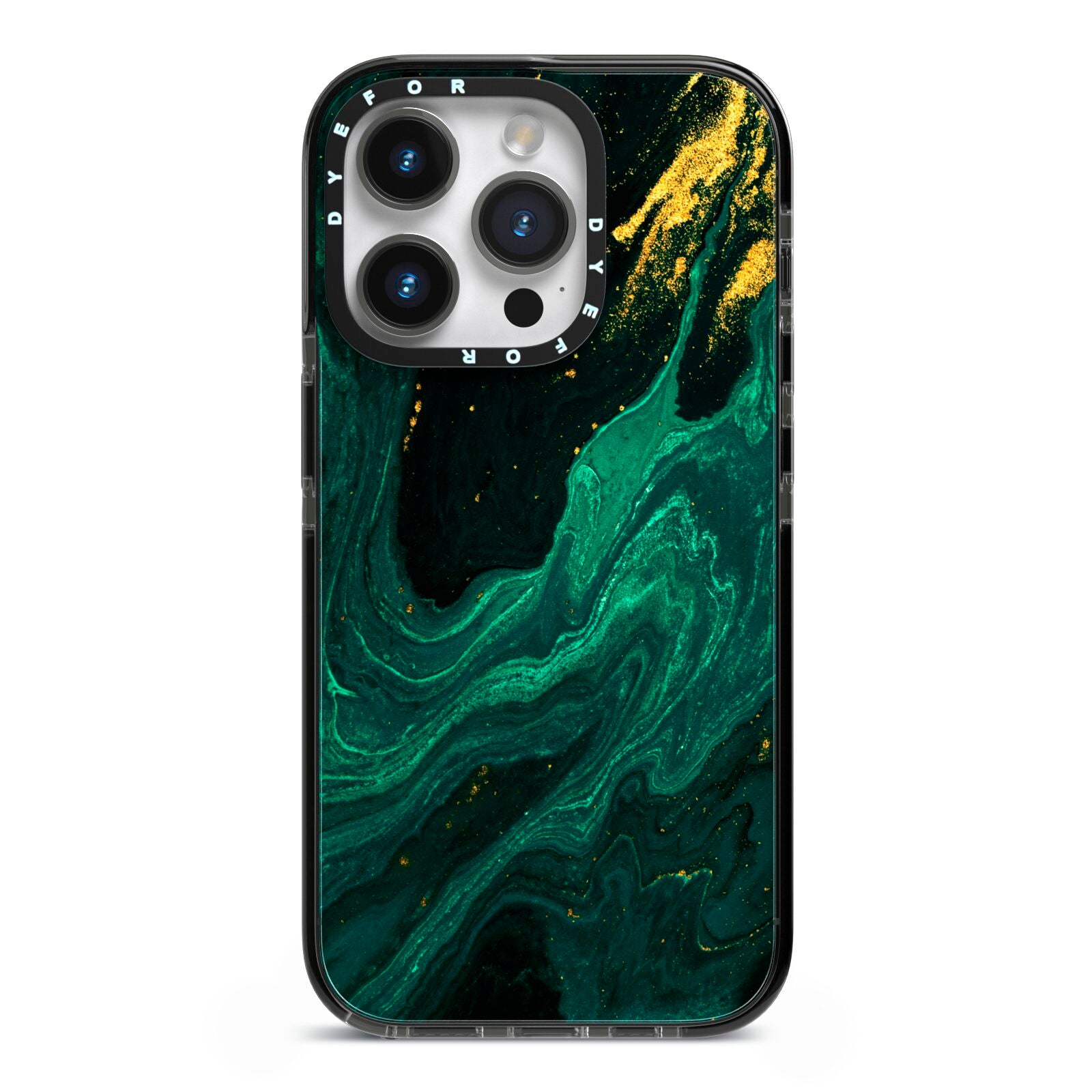 Emerald Green iPhone 14 Pro Black Impact Case on Silver phone