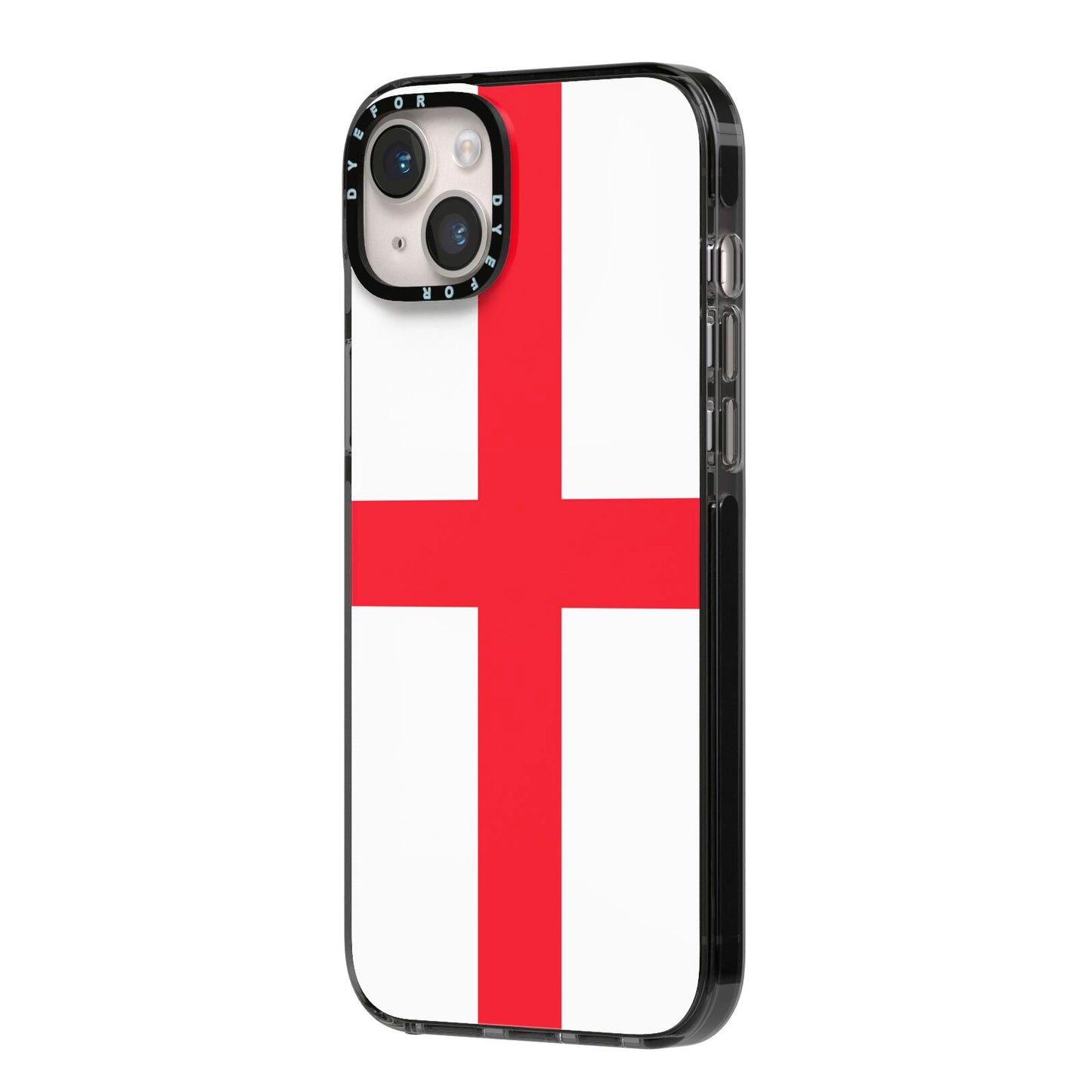 England Flag iPhone 14 Plus Black Impact Case Side Angle on Silver phone