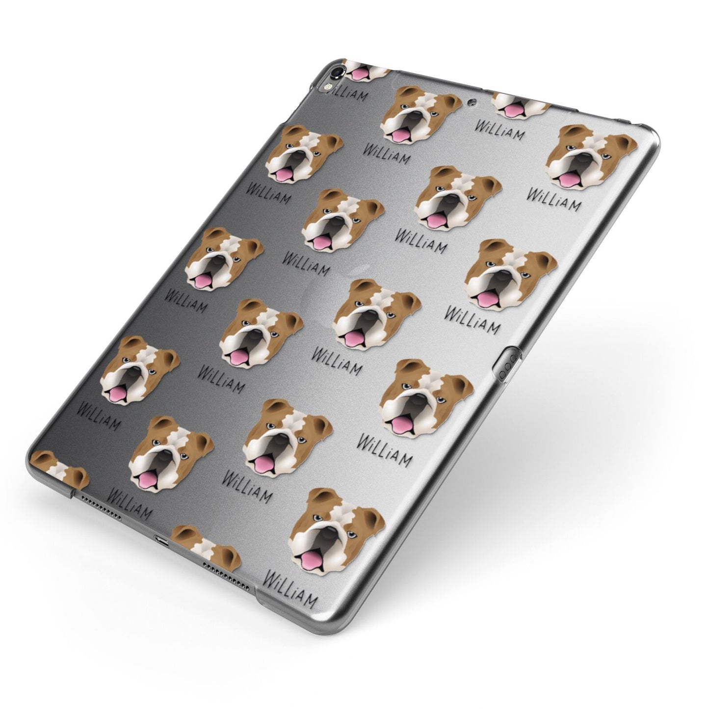 English Bulldog Icon with Name Apple iPad Case on Grey iPad Side View