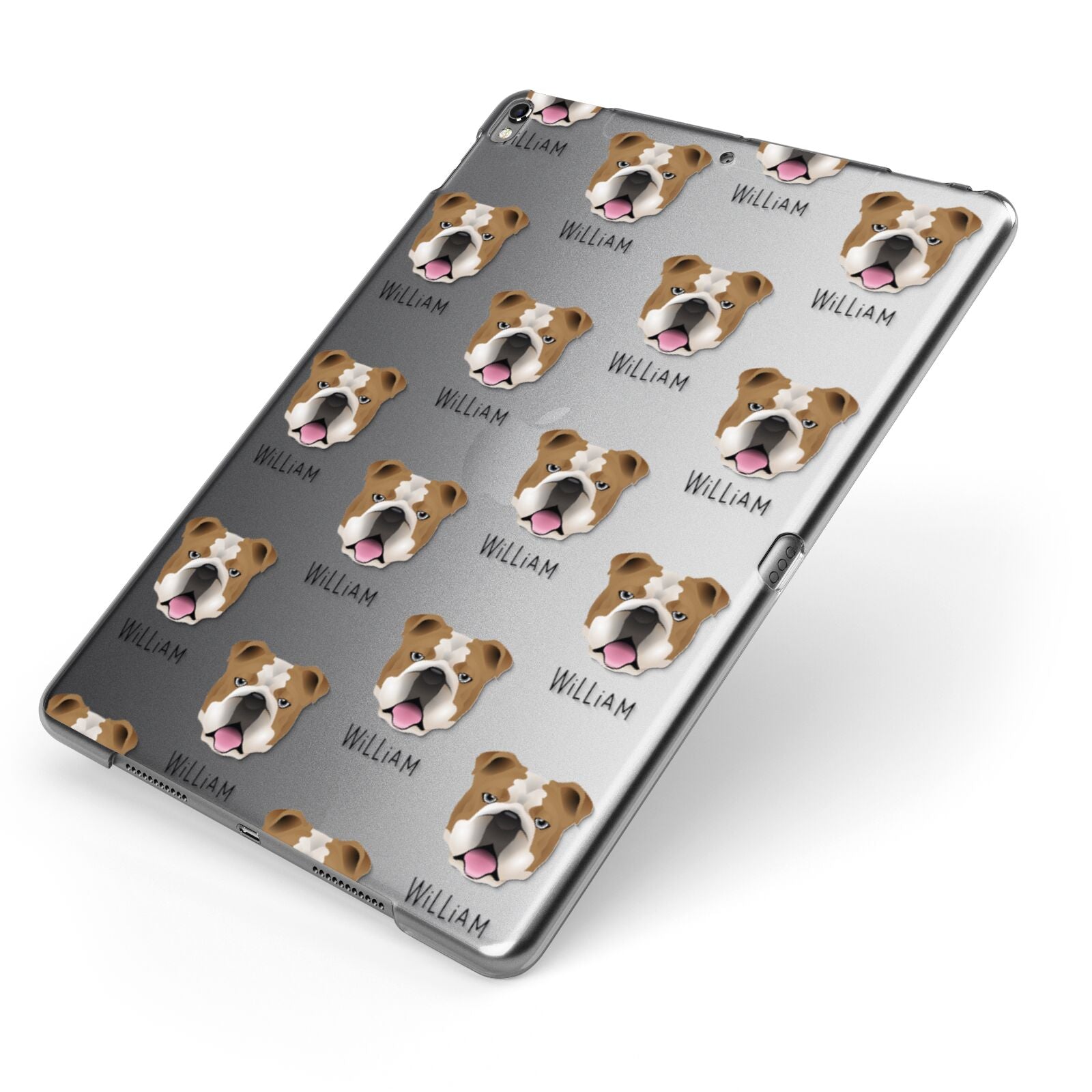 English Bulldog Icon with Name Apple iPad Case on Grey iPad Side View