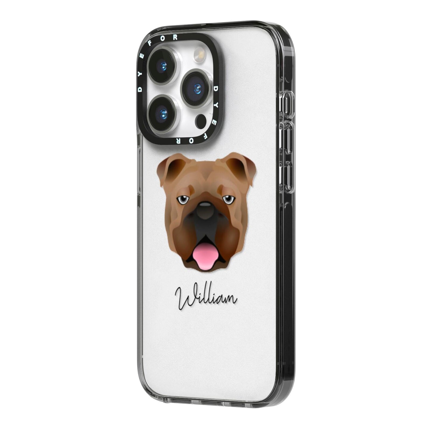 English Bulldog Personalised iPhone 14 Pro Black Impact Case Side Angle on Silver phone