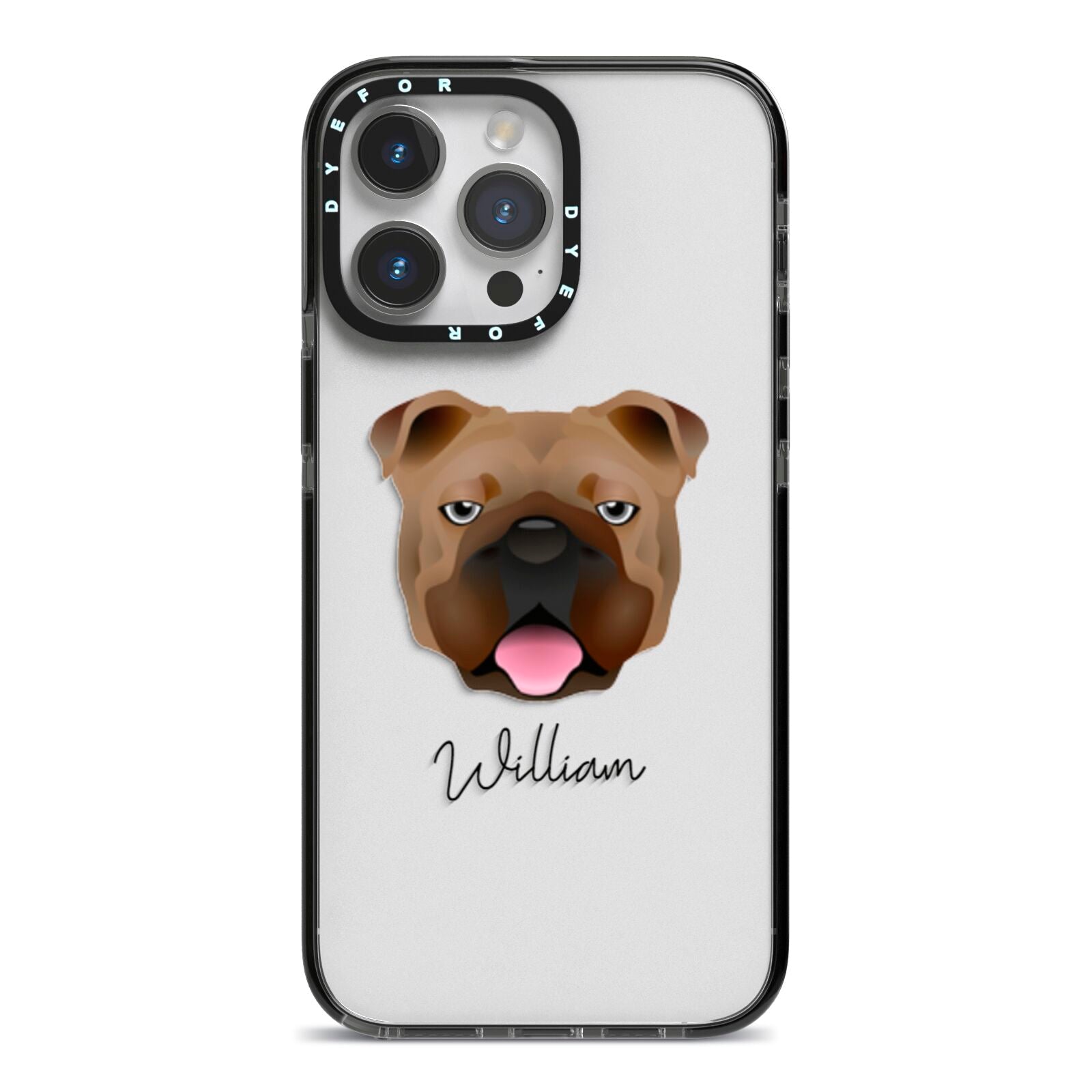 English Bulldog Personalised iPhone 14 Pro Max Black Impact Case on Silver phone