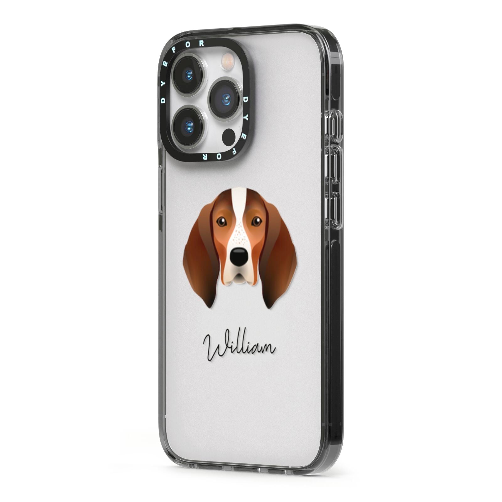 English Coonhound Personalised iPhone 13 Pro Black Impact Case Side Angle on Silver phone