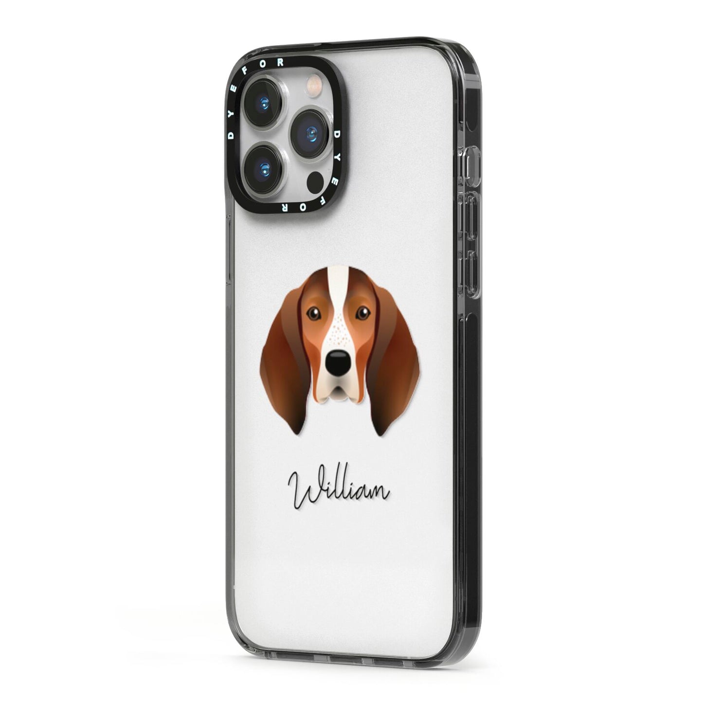 English Coonhound Personalised iPhone 13 Pro Max Black Impact Case Side Angle on Silver phone