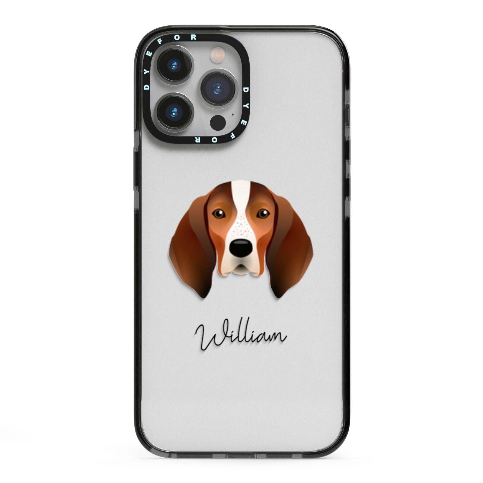 English Coonhound Personalised iPhone 13 Pro Max Black Impact Case on Silver phone