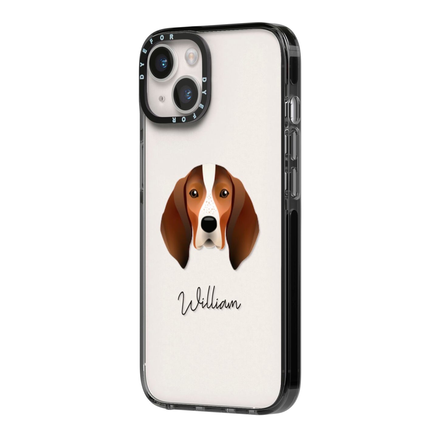 English Coonhound Personalised iPhone 14 Black Impact Case Side Angle on Silver phone