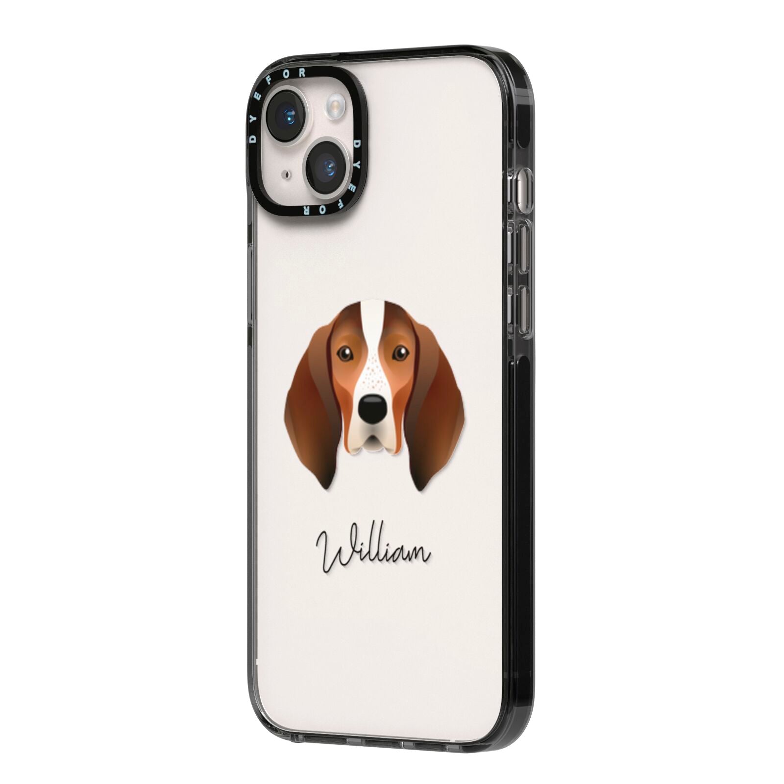 English Coonhound Personalised iPhone 14 Plus Black Impact Case Side Angle on Silver phone