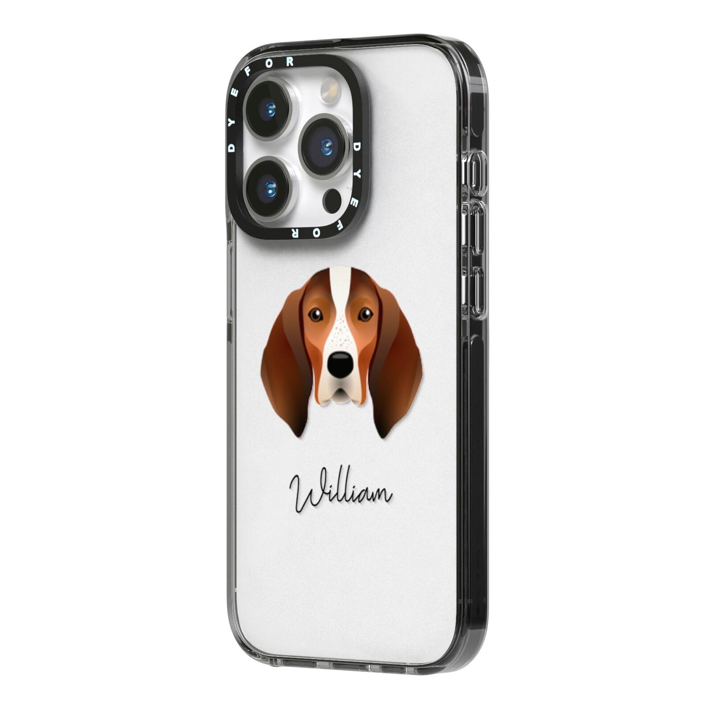 English Coonhound Personalised iPhone 14 Pro Black Impact Case Side Angle on Silver phone