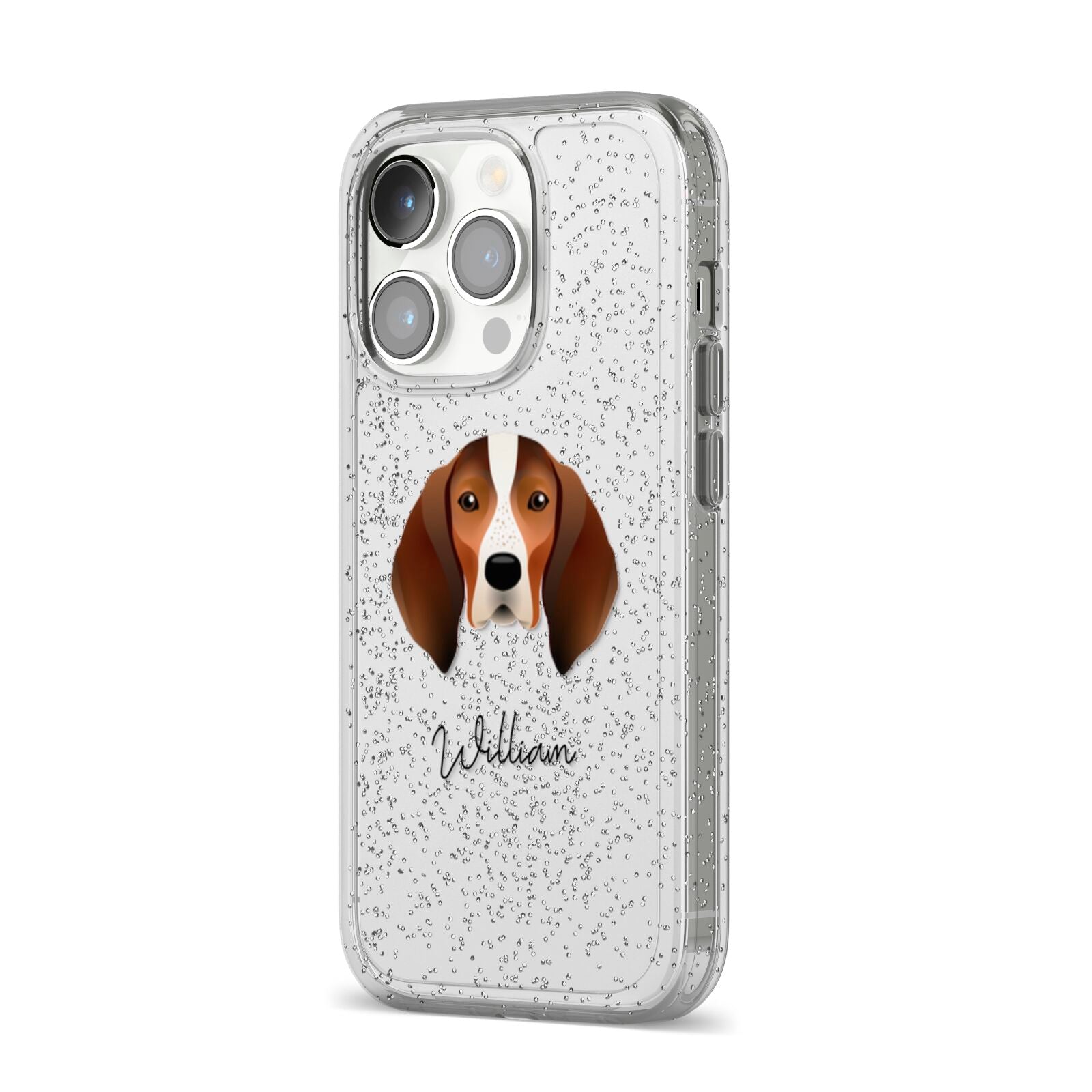 English Coonhound Personalised iPhone 14 Pro Glitter Tough Case Silver Angled Image