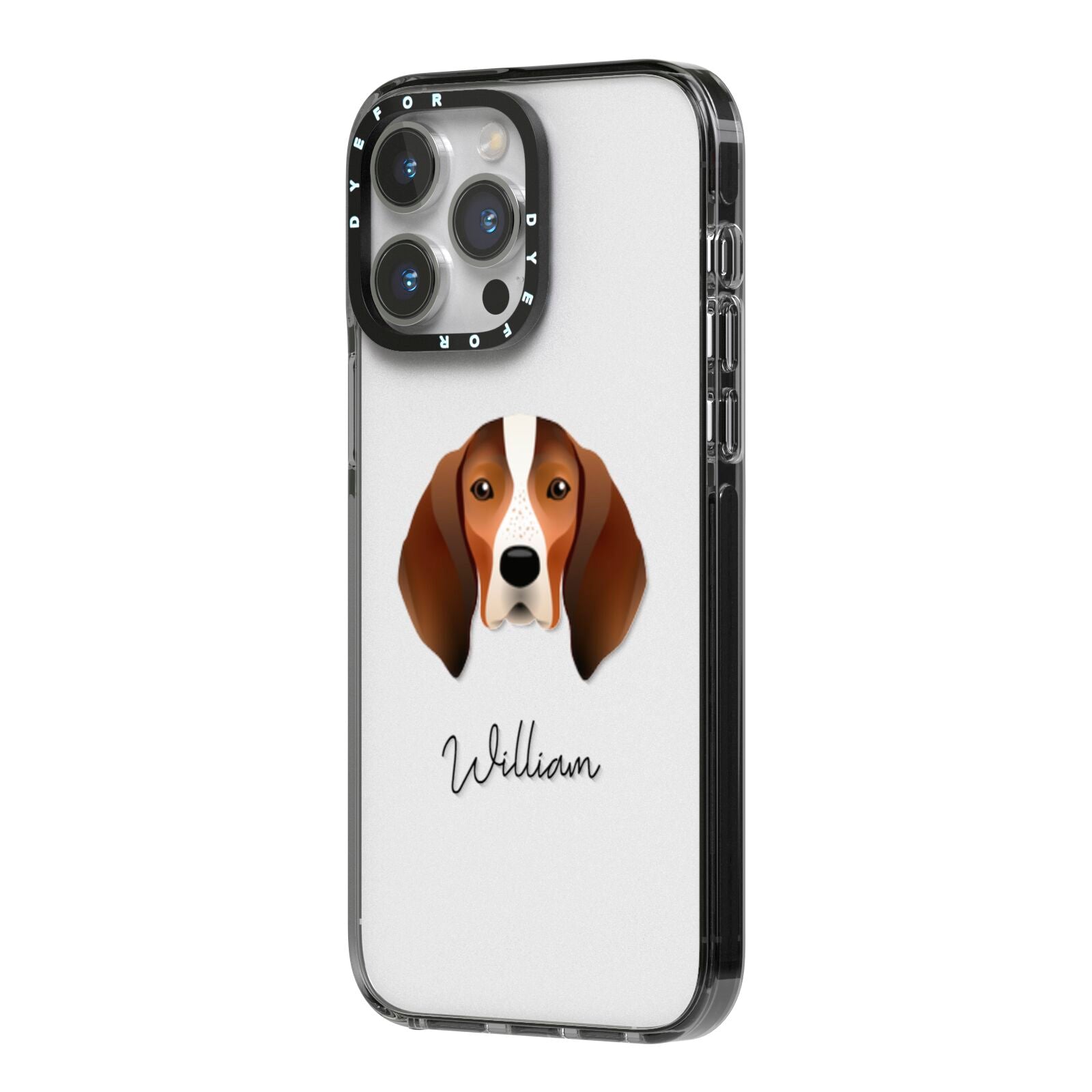 English Coonhound Personalised iPhone 14 Pro Max Black Impact Case Side Angle on Silver phone