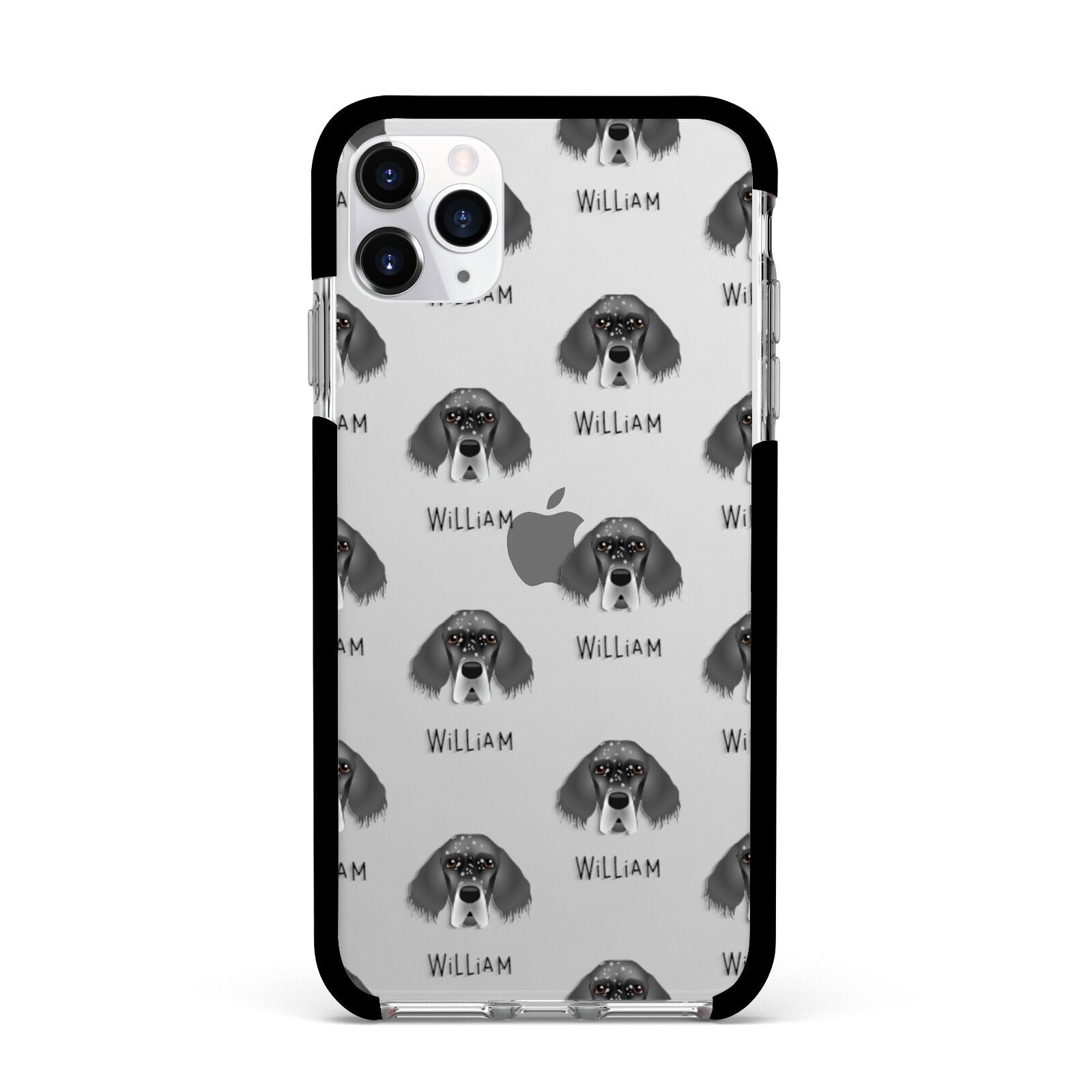 English Setter Icon with Name Apple iPhone 11 Pro Max in Silver with Black Impact Case